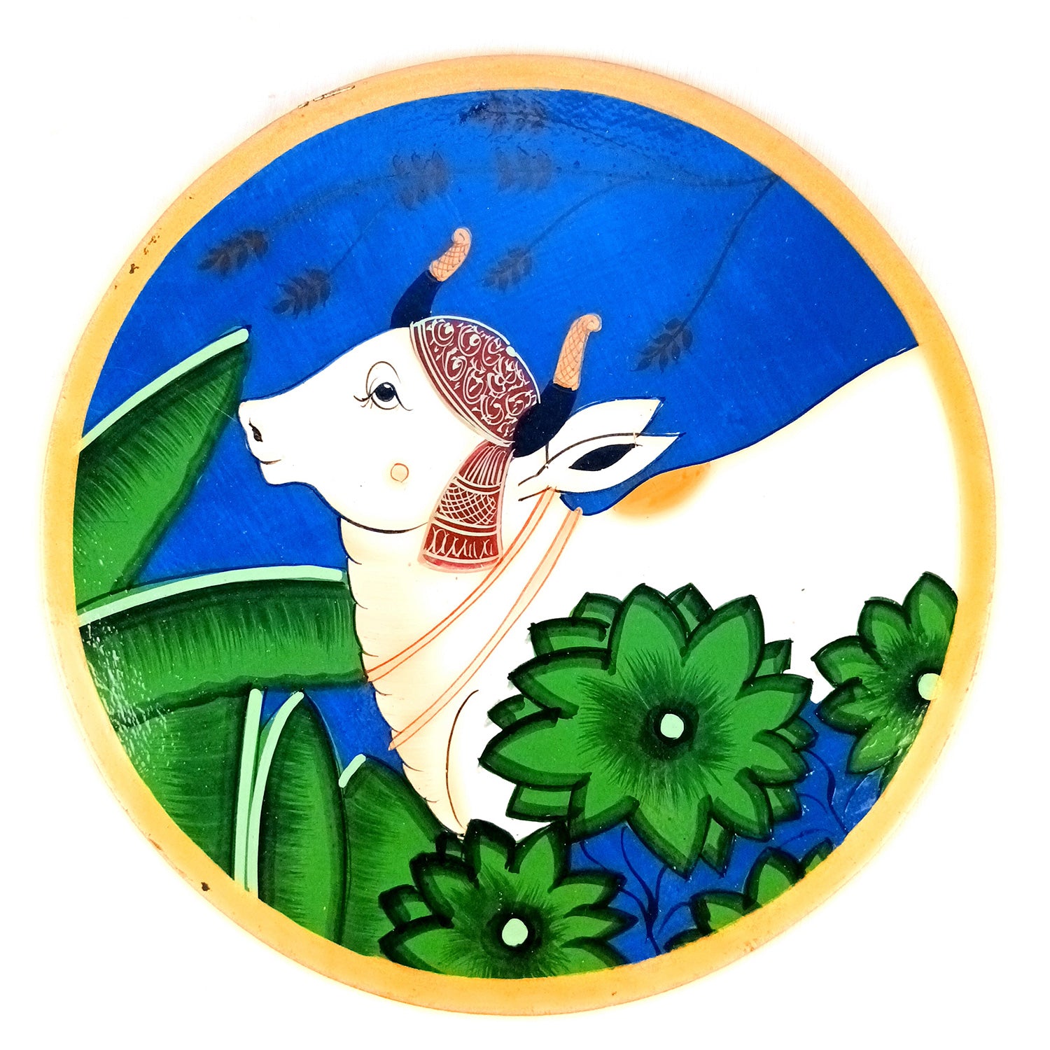 Wall Plate | Wooden Wall Hanging Plates - Pichwai Cow Wall Art - For Home Decor, Living Room, Office | Gift for Wedding, Housewarming, Festivals - 10 Inch - Apkamart #Colour_Blue