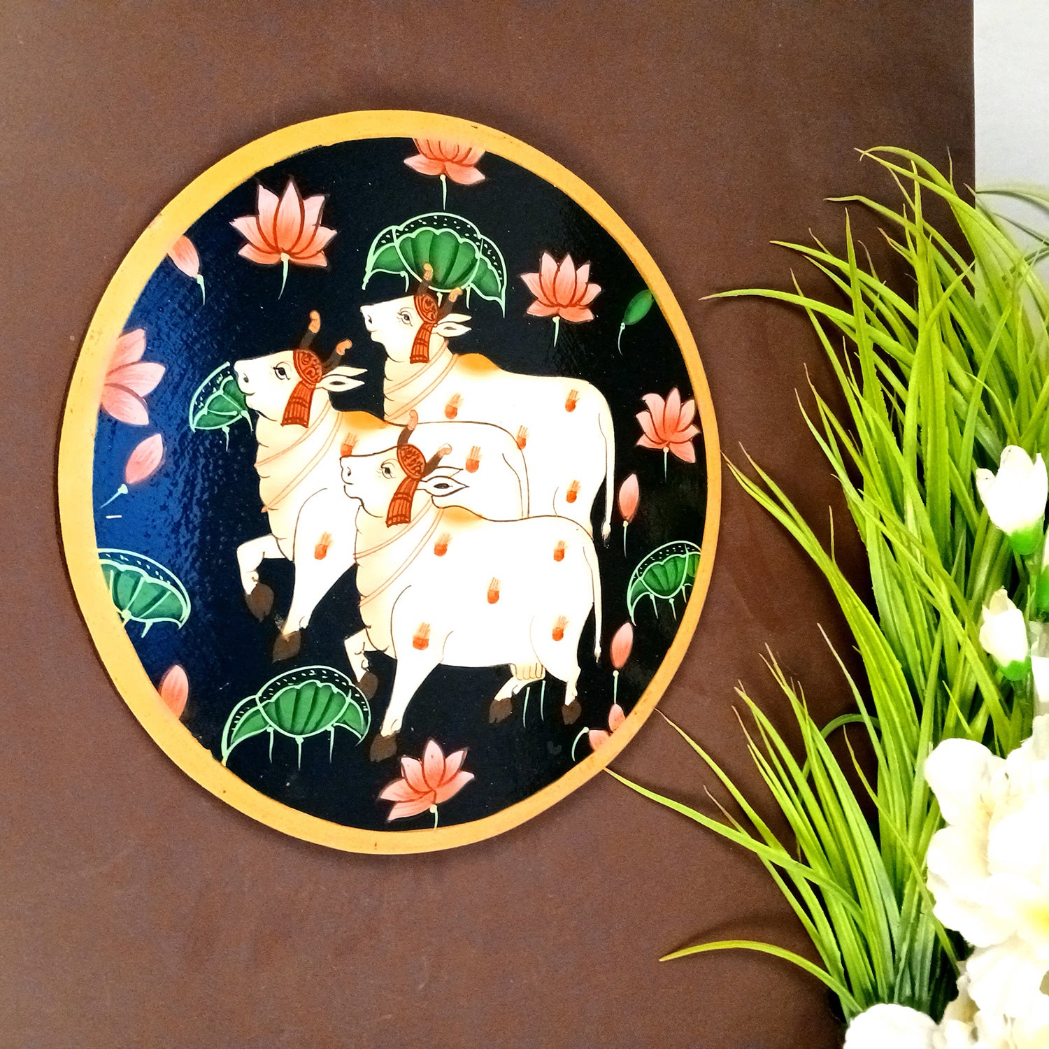 Wall Plate | Wooden Wall Hanging Plates - Pichwai Cow Wall Art - For Home Decor, Living Room, Bedroom | Gift for Wedding, Housewarming, Festivals - 10 Inch - Apkamart #Colour_Black