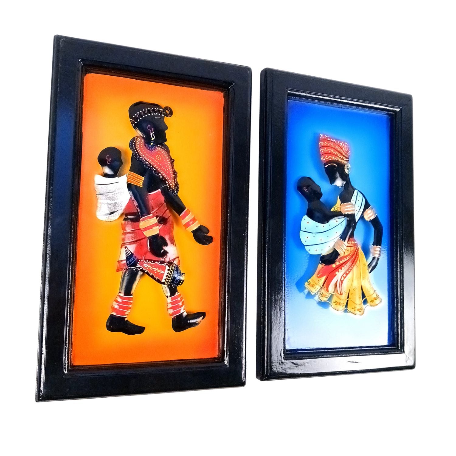 Tribal Women With Child Wall Hanging | Metal Wall Art - For Home, Living Room, Bedroom, Drawing Room, Hotel, Restaurant Decor & Gifts - 16 Inch (Pack of 2) - Apkamart