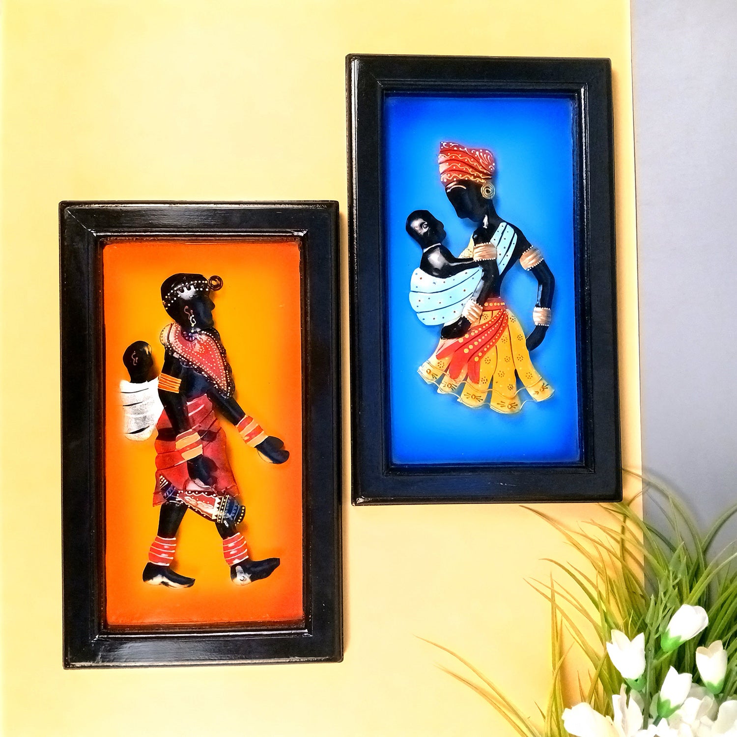 Tribal Women With Child Wall Hanging | Metal Wall Art - For Home, Living Room, Bedroom, Drawing Room, Hotel, Restaurant Decor & Gifts - 16 Inch (Pack of 2) - Apkamart