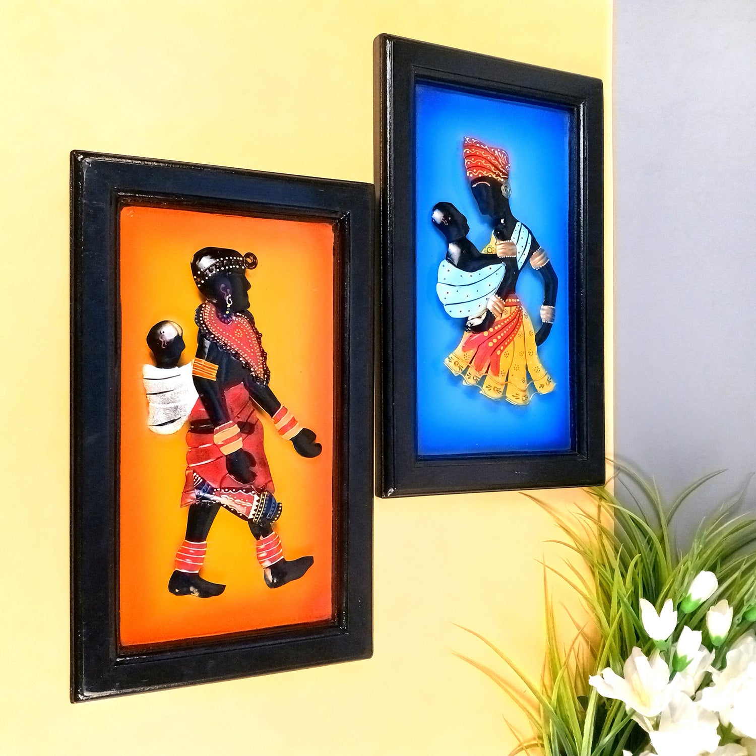 Tribal Women With Child Wall Hanging | Metal Wall Art - For Home, Living Room, Bedroom, Drawing Room, Hotel, Restaurant Decor & Gifts - 16 Inch (Pack of 2) - Apkamart