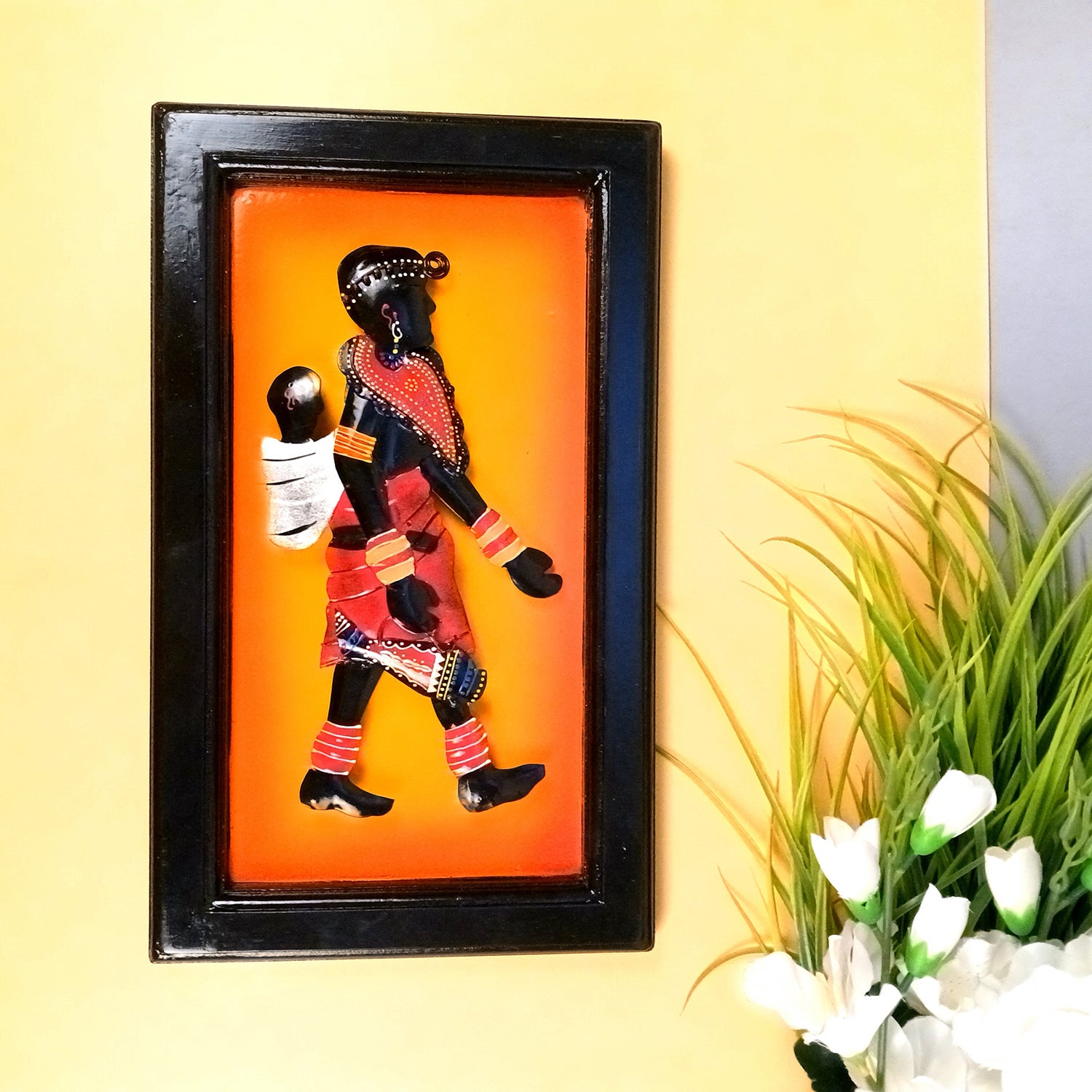 Tribal Women With Baby Wall Hanging | Wall Mount Showpiece | Metal Wall Art - For Home, Living Room, Bedroom, Drawing Room Decor & Gifts - 16 Inch - Apkamart #Style_Design 1