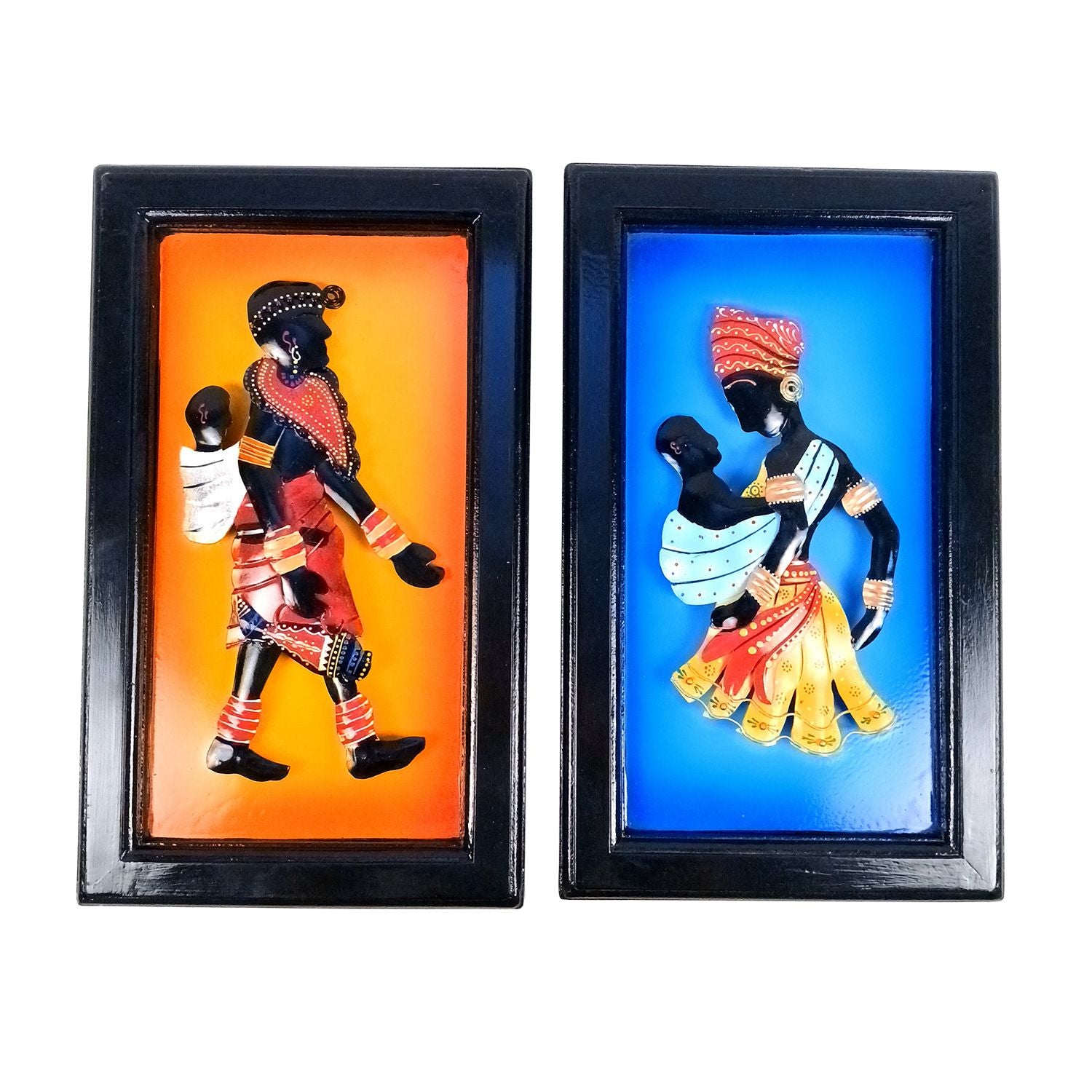 Tribal Women With Child Wall Hanging | Metal Wall Art - For Home, Living Room, Bedroom, Drawing Room, Hotel, Restaurant Decor & Gifts - 16 Inch (Pack of 2) - Apkamart