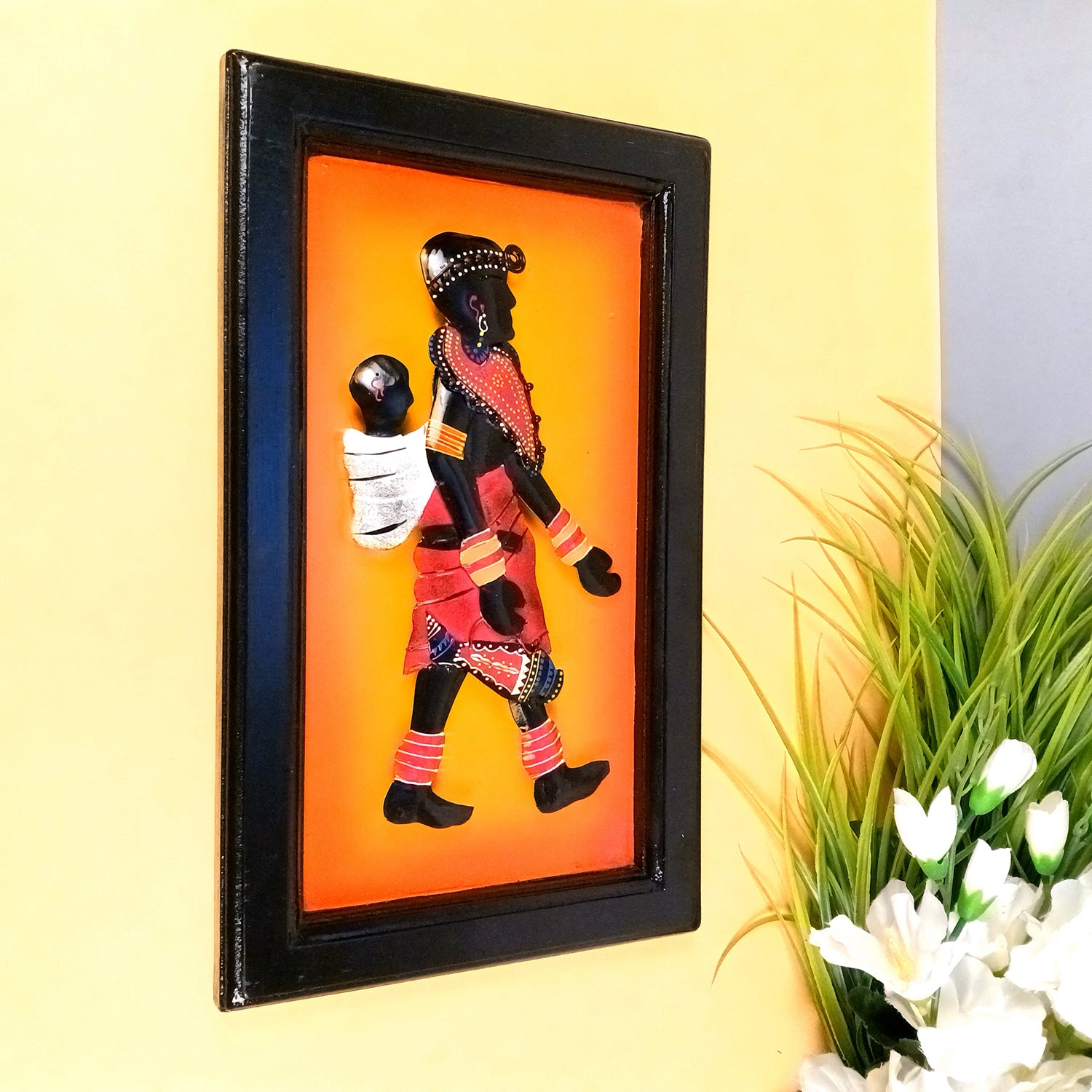 Tribal Women With Baby Wall Hanging | Wall Mount Showpiece | Metal Wall Art - For Home, Living Room, Bedroom, Drawing Room Decor & Gifts - 16 Inch - Apkamart #Style_Design 1