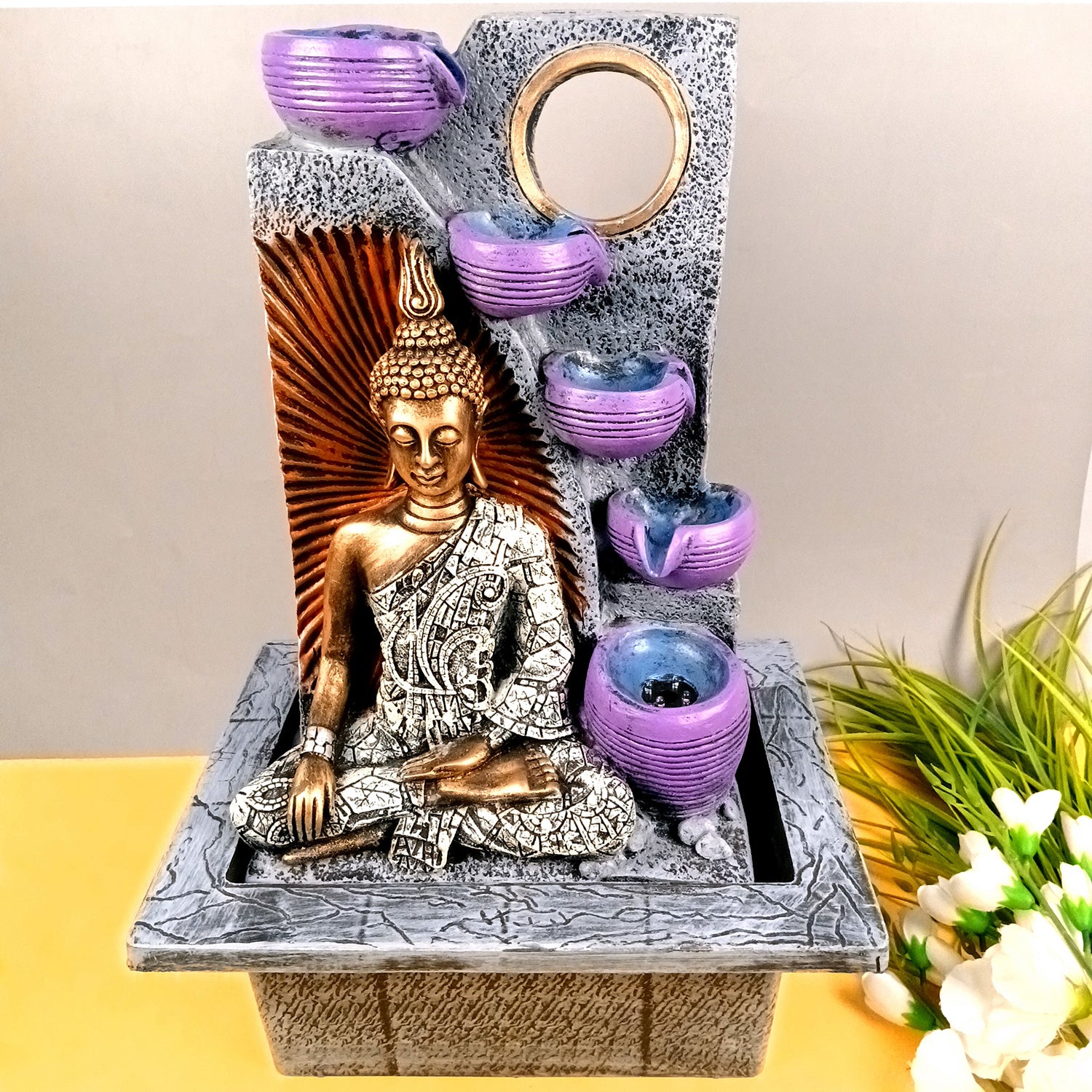 Table Top Water Fountain With Buddha Statue | Indoor Fountains - 4 Steps Waterfall - For Vastu, Table, Office, Living Room, Home Decor & Gifts | Wedding & House Warming Gift - 22 Inch - Apkamart #Style_Design 1