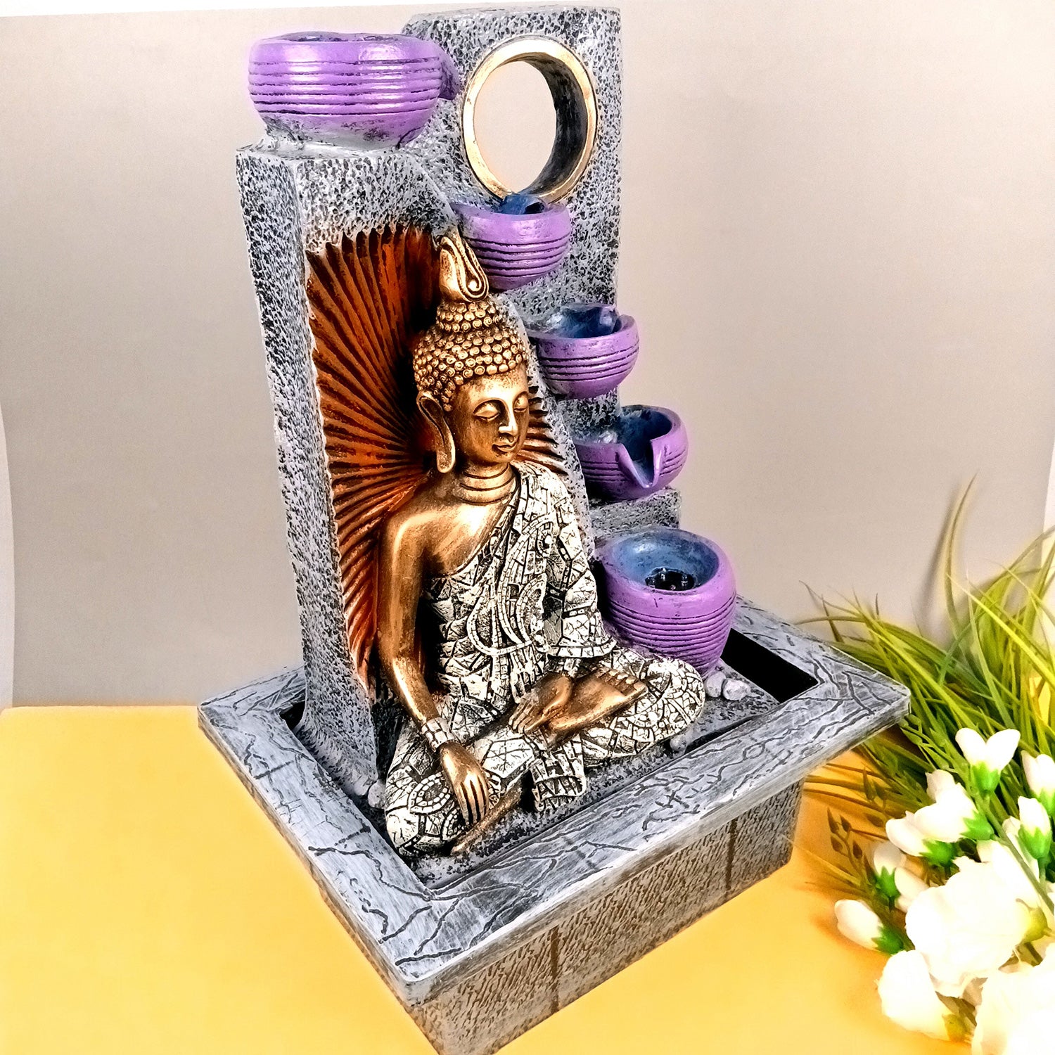 Table Top Water Fountain With Buddha Statue | Indoor Fountains - 4 Steps Waterfall  - For Vastu, Table, Office, Living Room, Home Decor & Gifts | Wedding & House Warming Gift - 22 Inch - Apkamart #Style_Design 1