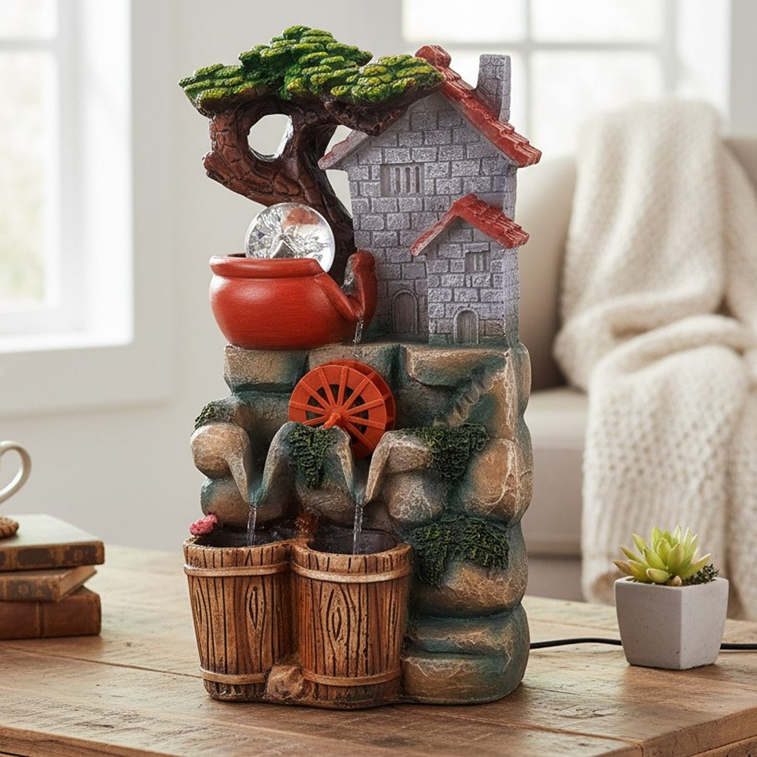 Table Top Water Fountain | Indoor Fountains with LED Lights - 3 Steps Hut Shape Waterfall - For Vastu, Table, Office, Living Room, Home Decor & Gifts - 13 Inch - Apkamart