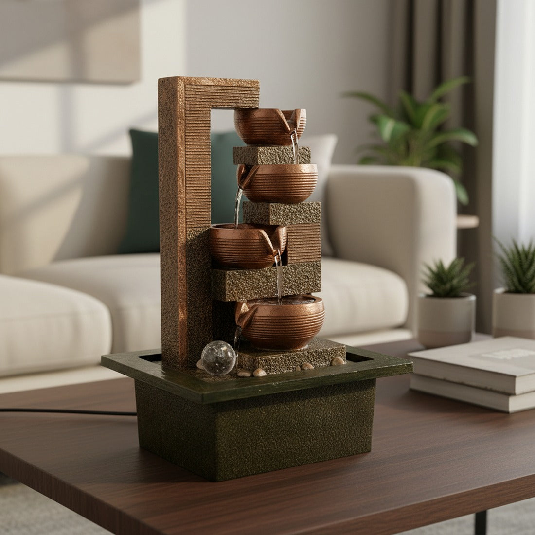 Table Top Water Fountain | Indoor 4 Steps Fountains with LED Lights Waterfall - For Vastu, Table, Office, Living Room, Home Decor & Gifts | House Warming Gift - 22 Inch - Apkamart