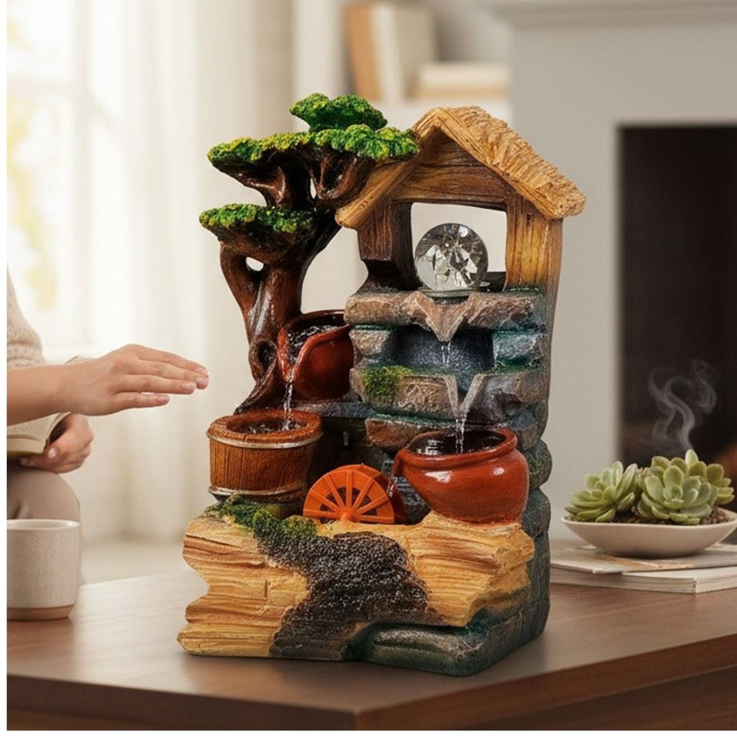 Table Top Water Fountain | Indoor Fountains with LED Lights - 3 Steps Waterfall - For Vastu, Table, Office, Living Room, Home Decor & Gifts - 13 Inch - Apkamart