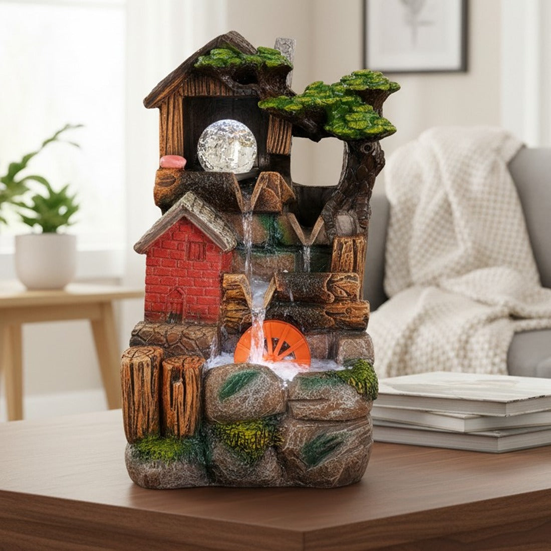 Table Top Water Fountain | Indoor Fountains with LED Lights - 3 Steps Hut Shape Waterfall - For Vastu, Table, Office, Home - Housewarming And Anniversary Gift - 13 Inch - Apkamart