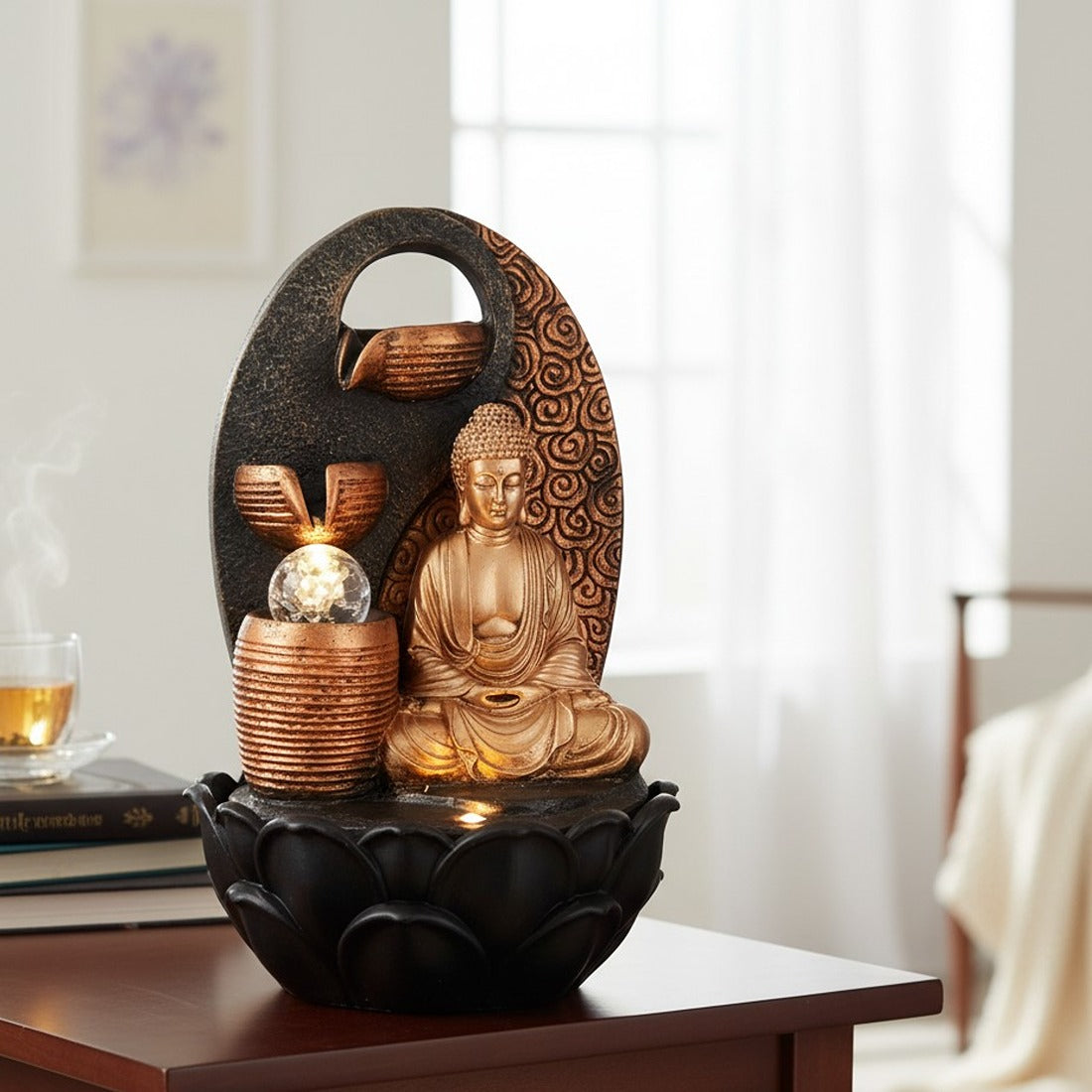 Indoor Buddha Water Fountain with LED Lights | Decoration Table 3 Steps Waterfall Cum Showpiece - For Vastu, Table, Office, Living Room, Home Decor & Gifts - 15 Inch - Apkamart