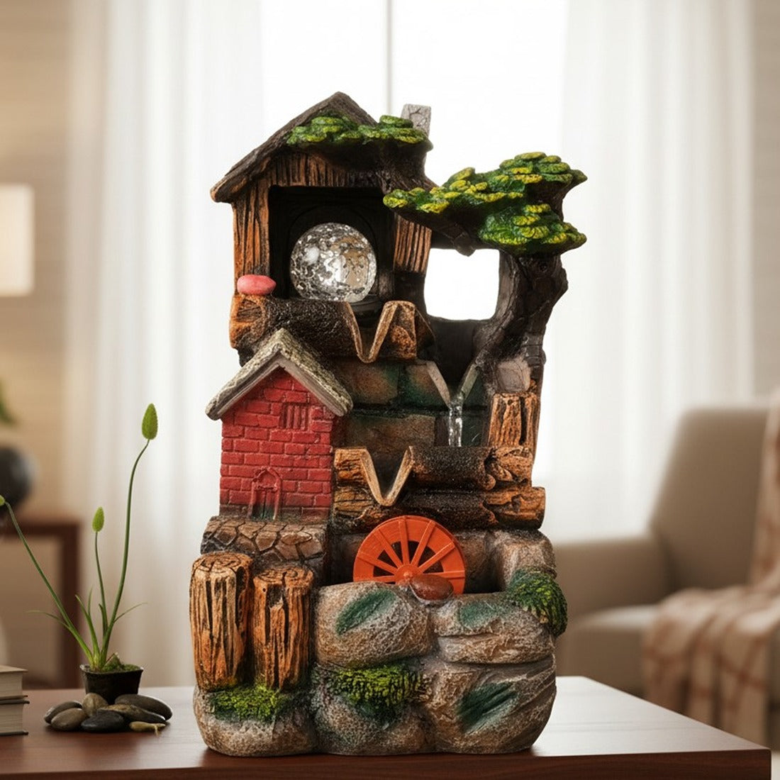 Table Top Water Fountain | Indoor Fountains with LED Lights - 3 Steps Hut Shape Waterfall - For Vastu, Table, Office, Home - Housewarming And Anniversary Gift - 13 Inch - Apkamart