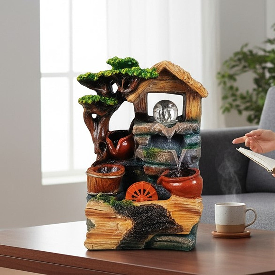 Table Top Water Fountain | Indoor Fountains with LED Lights - 3 Steps Waterfall - For Vastu, Table, Office, Living Room, Home Decor & Gifts - 13 Inch - Apkamart