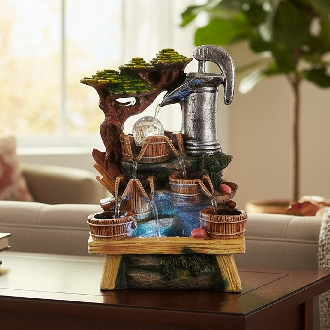 Indoor Water Fountain with LED Lights | Decoration Table Waterfall Cum Showpiece - For Vastu, Table, Office, Living Room, Home Decor & Gifts - 14 Inch - Apkamart