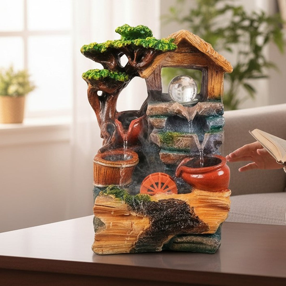 Table Top Water Fountain | Indoor Fountains with LED Lights - 3 Steps Waterfall - For Vastu, Table, Office, Living Room, Home Decor & Gifts - 13 Inch - Apkamart