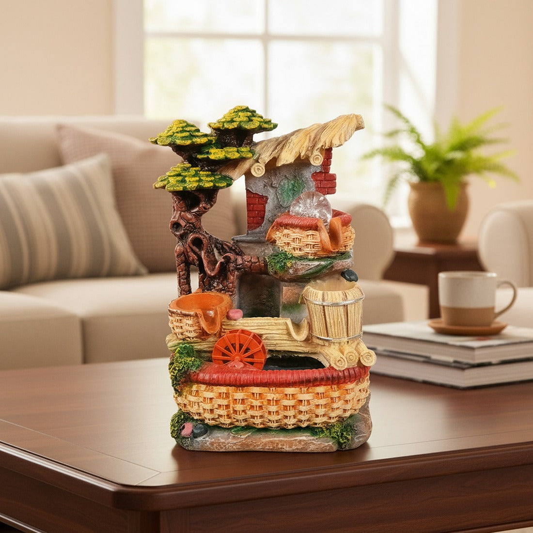 Indoor Water Fountain with LED Lights | Decoration Table Waterfall Cum Showpiece , 3 Steps Decor- For Vastu, Table, Office, Living Room, Home Decor & Gifts - 14 Inch - Apkamart