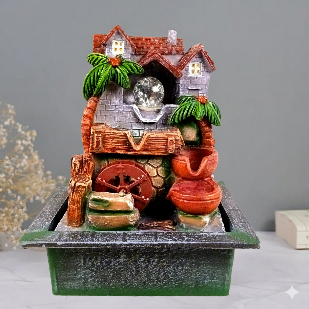 Indoor Water Fountain with LED Lights 3 Step Waterfall Cum Showpiece - For Vastu, Table, Office, Living Room, Home Decor & Gifts | Wedding & House Warming Gift - 14 Inch - Apkamart