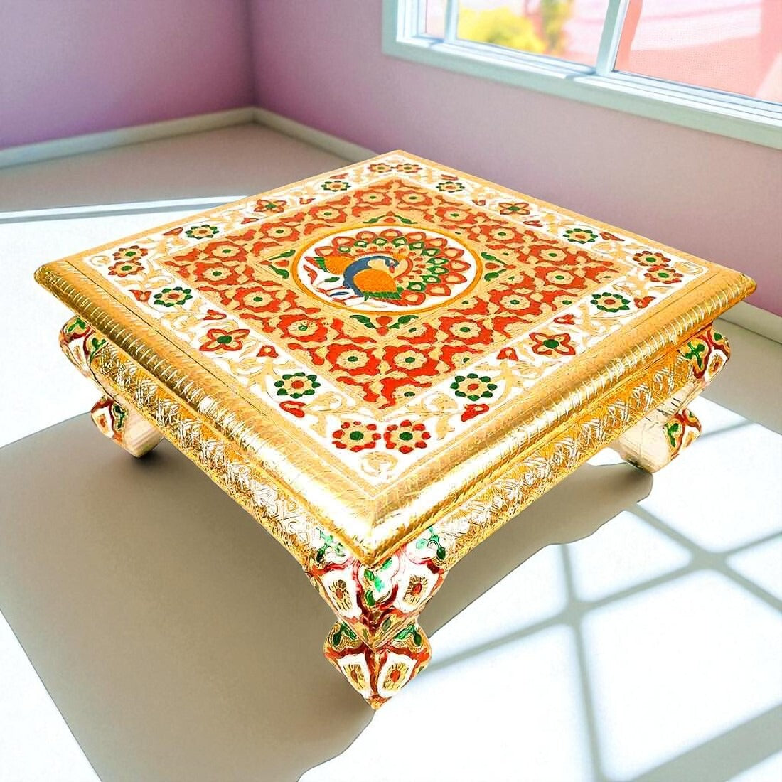 Pooja Chowki Bajot - Peacock Design - For Puja & Wedding Decor -14 Inch