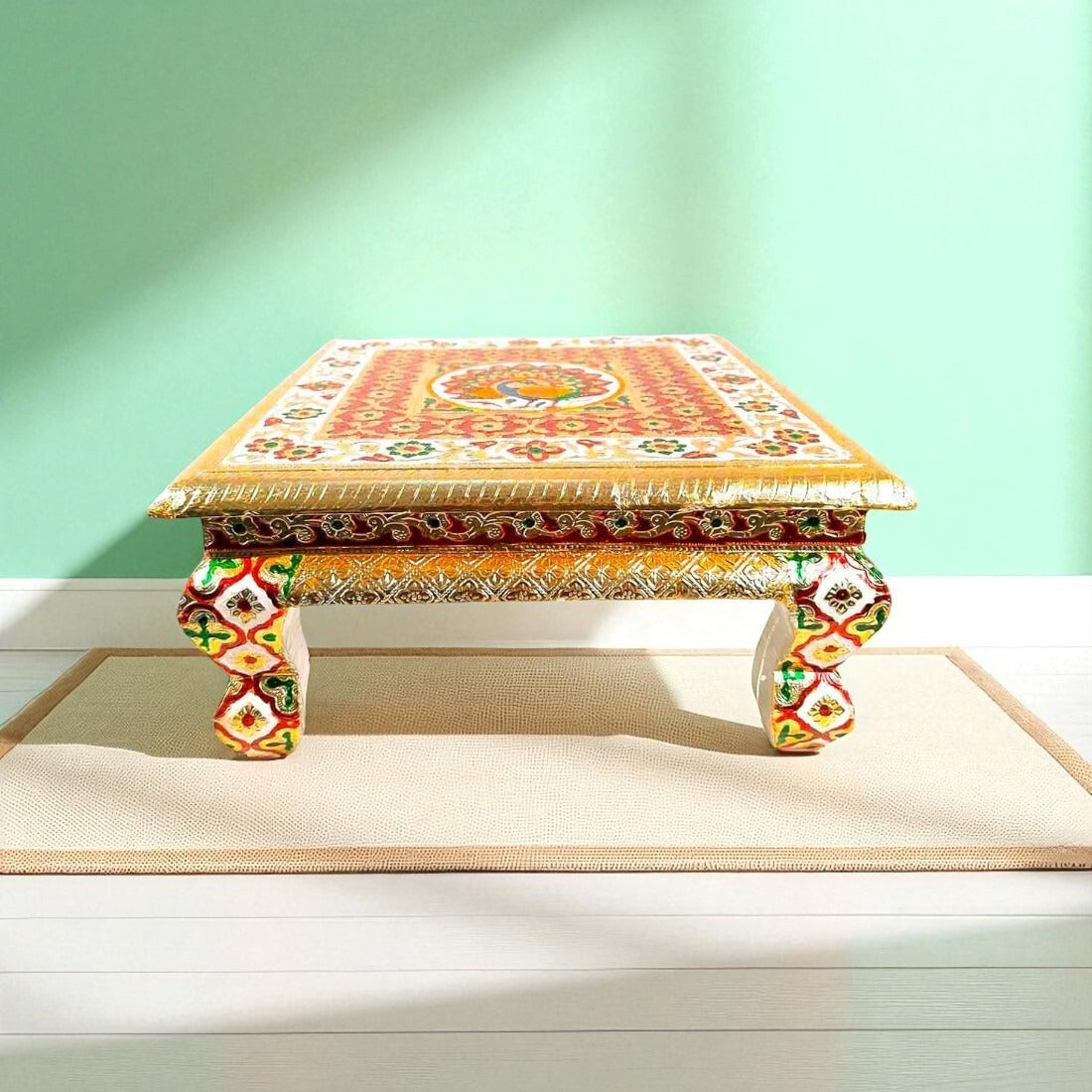 Pooja Chowki Bajot - Peacock Design - For Puja & Wedding Decor -14 Inch