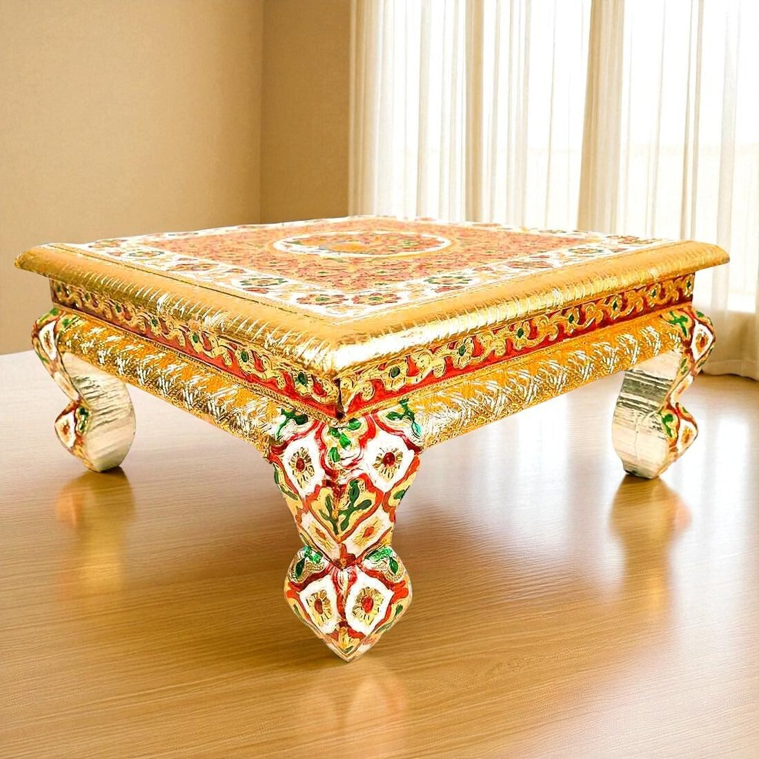 Pooja Chowki Bajot - Peacock Design - For Puja & Wedding Decor -14 Inch