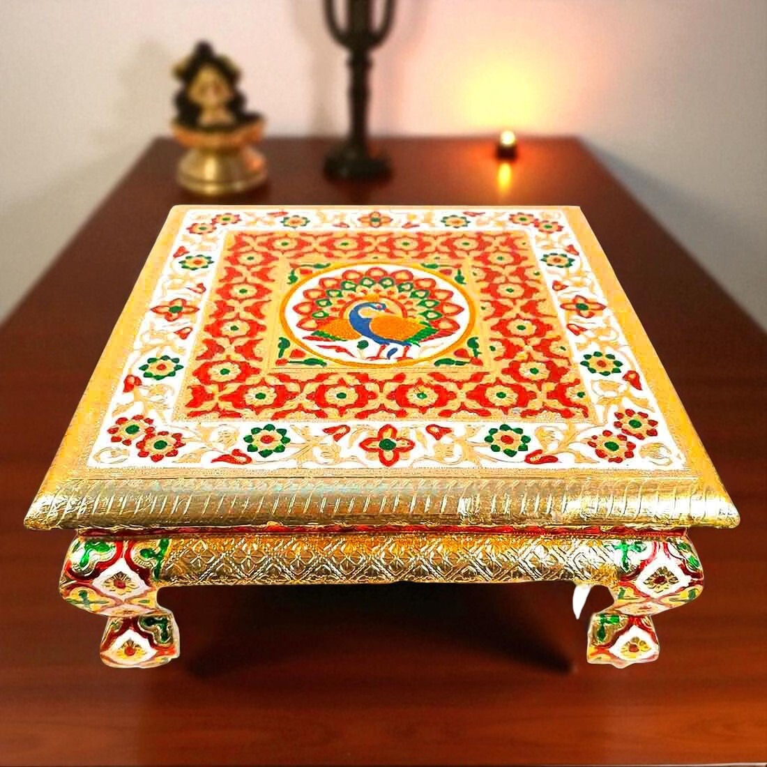 Pooja Chowki Bajot - Peacock Design - For Puja & Wedding Decor -14 Inch