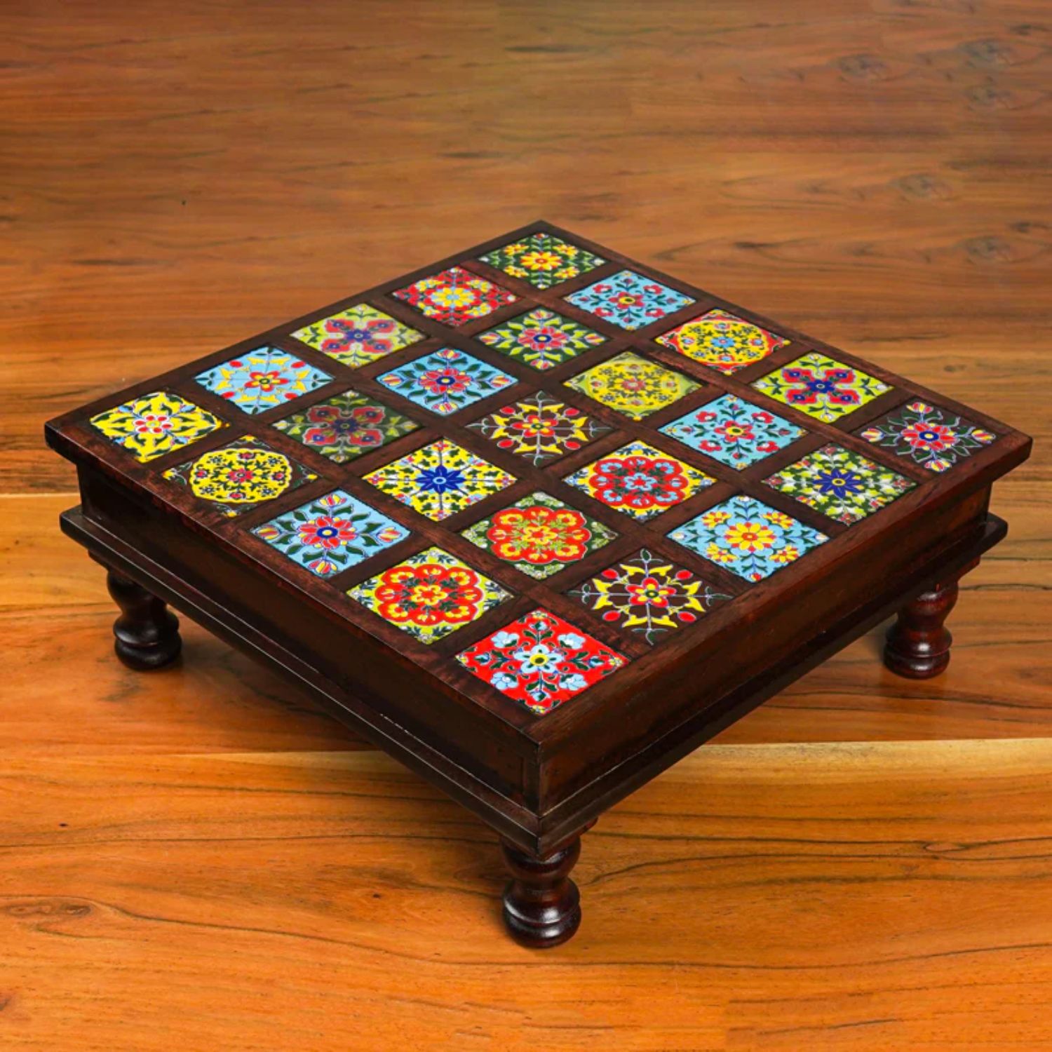 Wooden Pooja Chowki with Ceramic Tiles On Top | Decorative Bajot Pooja Chauki - For Home Decor, Temple, Living Room, Corners - 11 Inch