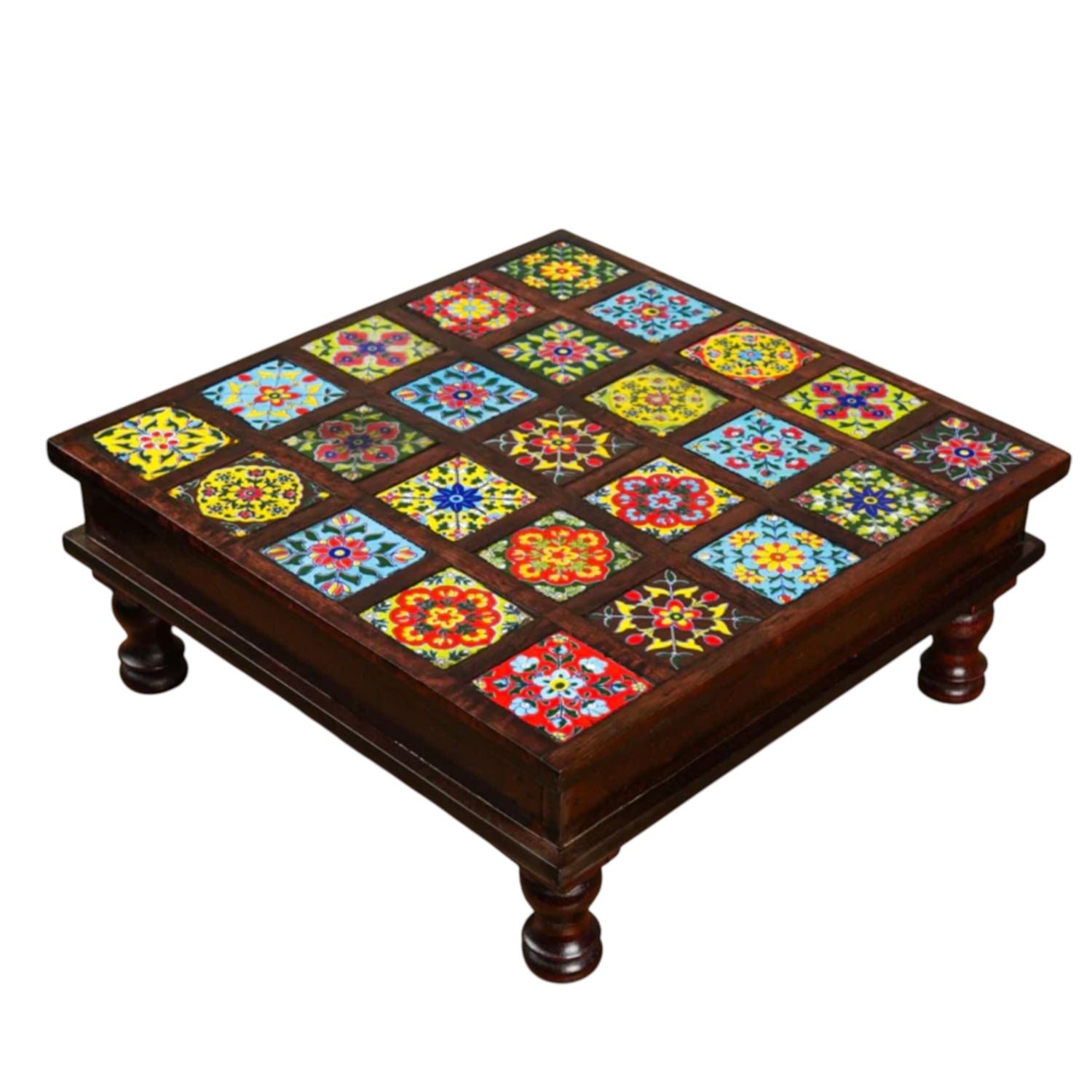Wooden Pooja Chowki with Ceramic Tiles On Top | Decorative Bajot Pooja Chauki - For Home Decor, Temple, Living Room, Corners - 11 Inch