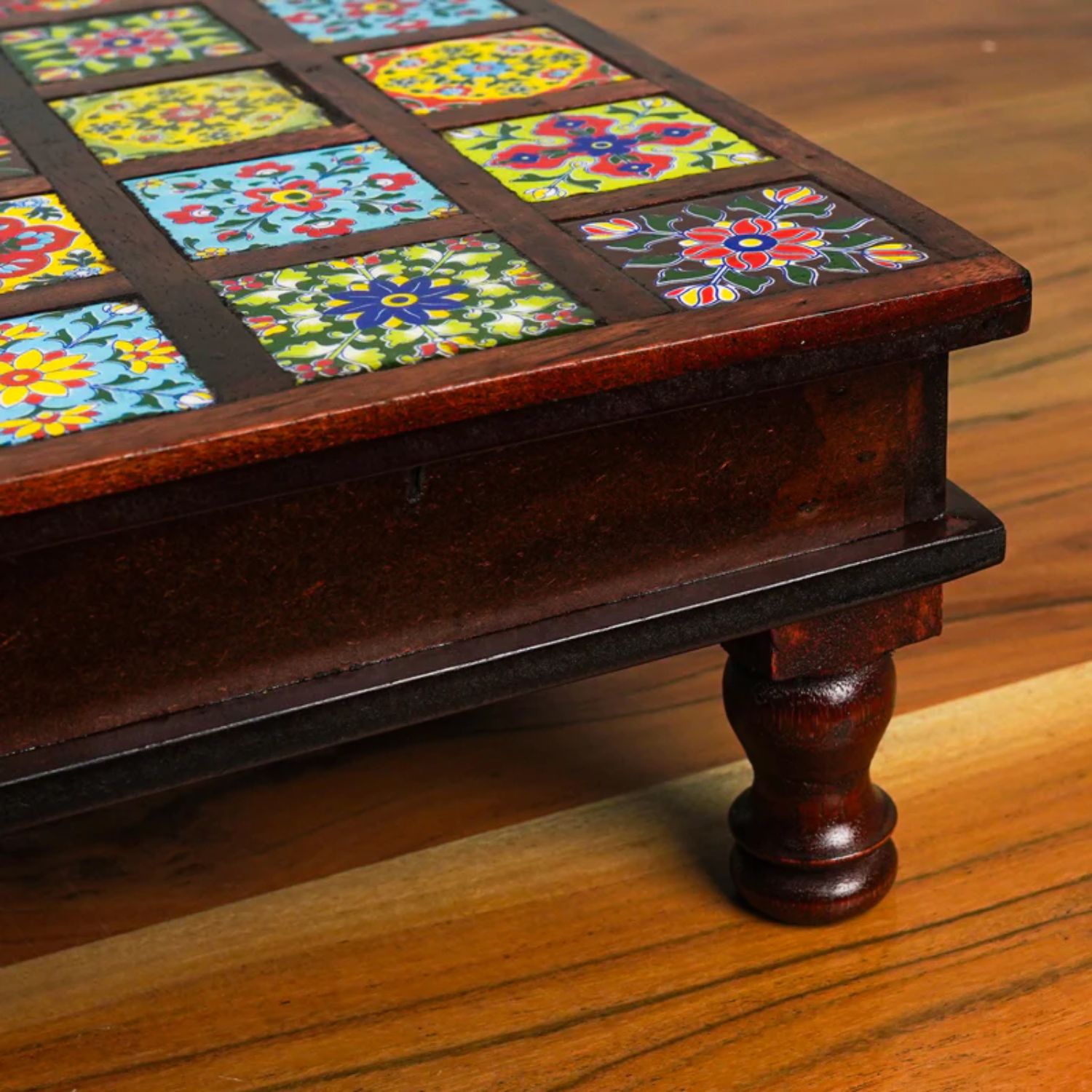 Wooden Pooja Chowki with Ceramic Tiles On Top | Decorative Bajot Pooja Chauki - For Home Decor, Temple, Living Room, Corners - 11 Inch