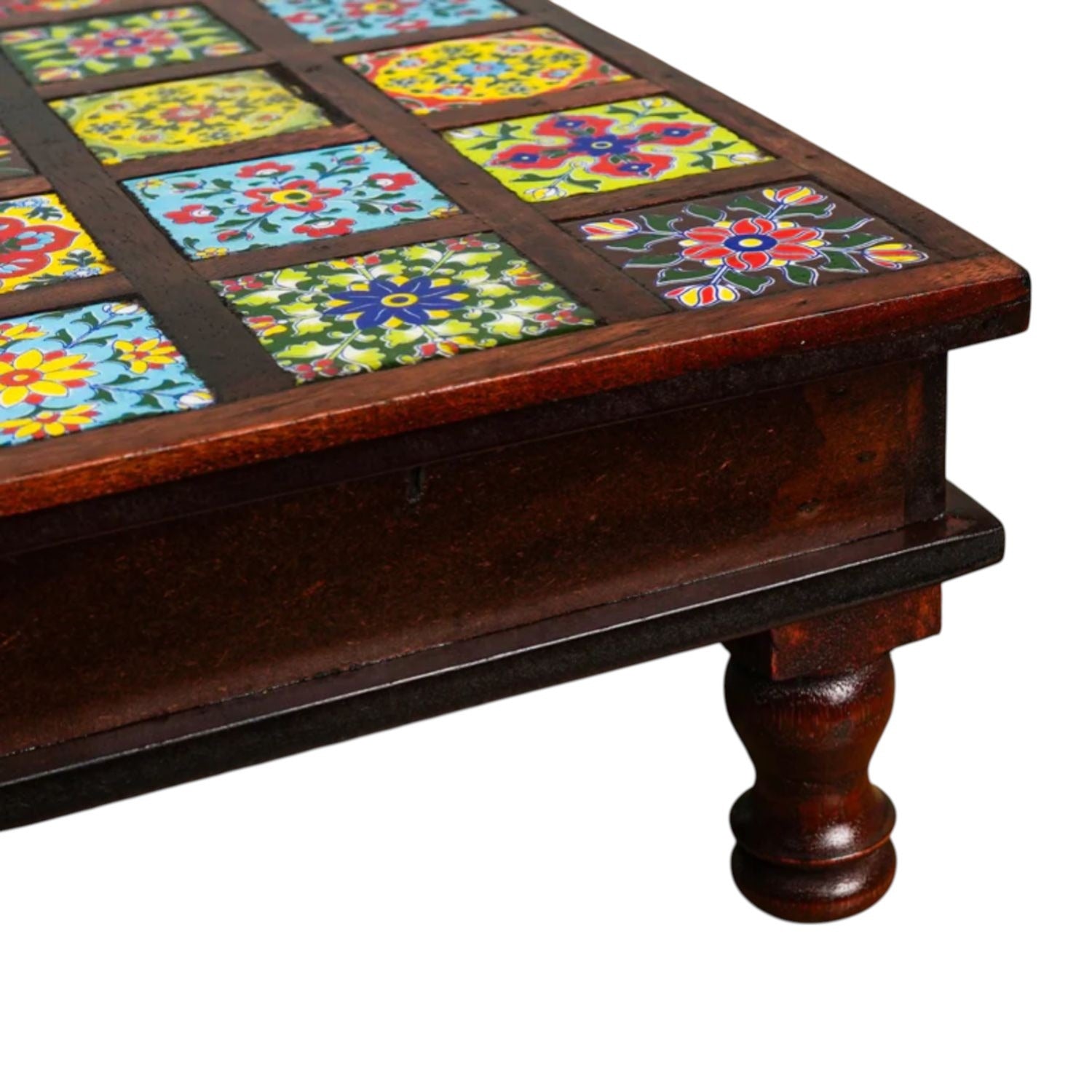 Wooden Pooja Chowki with Ceramic Tiles On Top | Decorative Bajot Pooja Chauki - For Home Decor, Temple, Living Room, Corners - 11 Inch