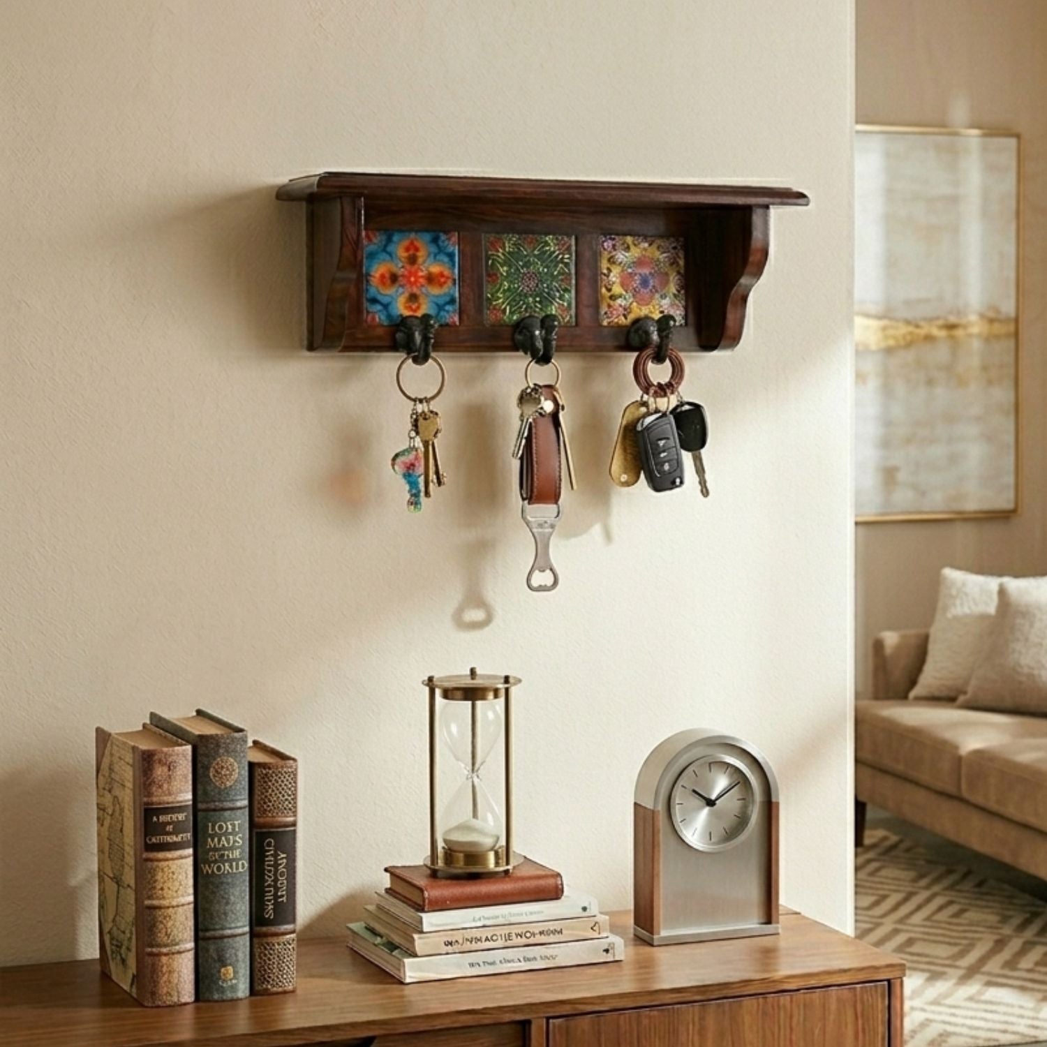 Wooden Floating Shelf With Key Holder Hooks 3 Hooks - 10 Inch-Apkamart