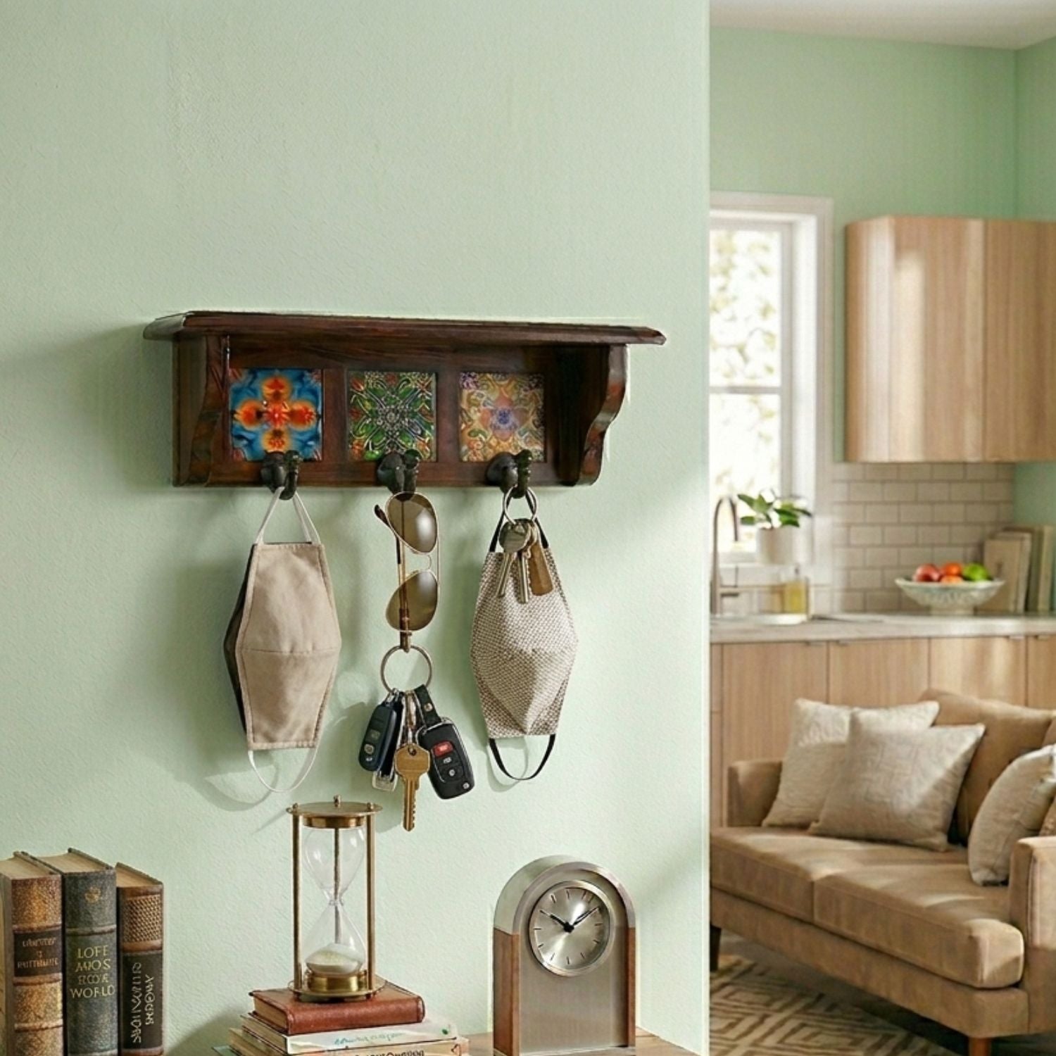 Wooden Floating Shelf With Key Holder Hooks 3 Hooks - 10 Inch-Apkamart
