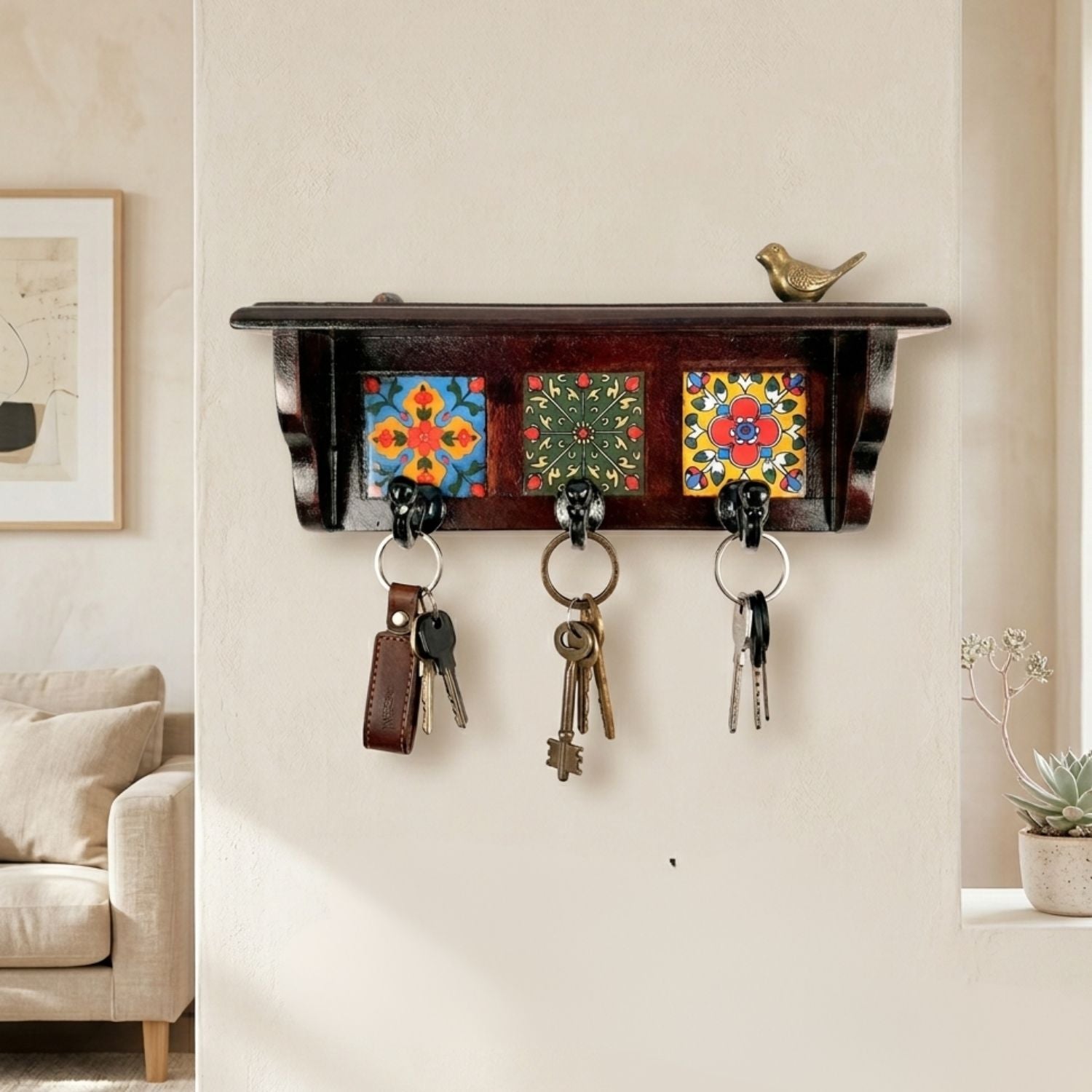 Wooden Floating Shelf With Key Holder Hooks 3 Hooks - 10 Inch-Apkamart