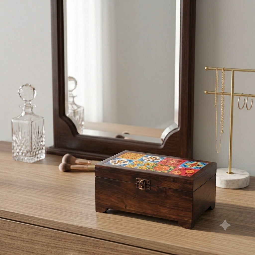 Wooden Jewellery Box with Ceramic Tile – 9 Inch