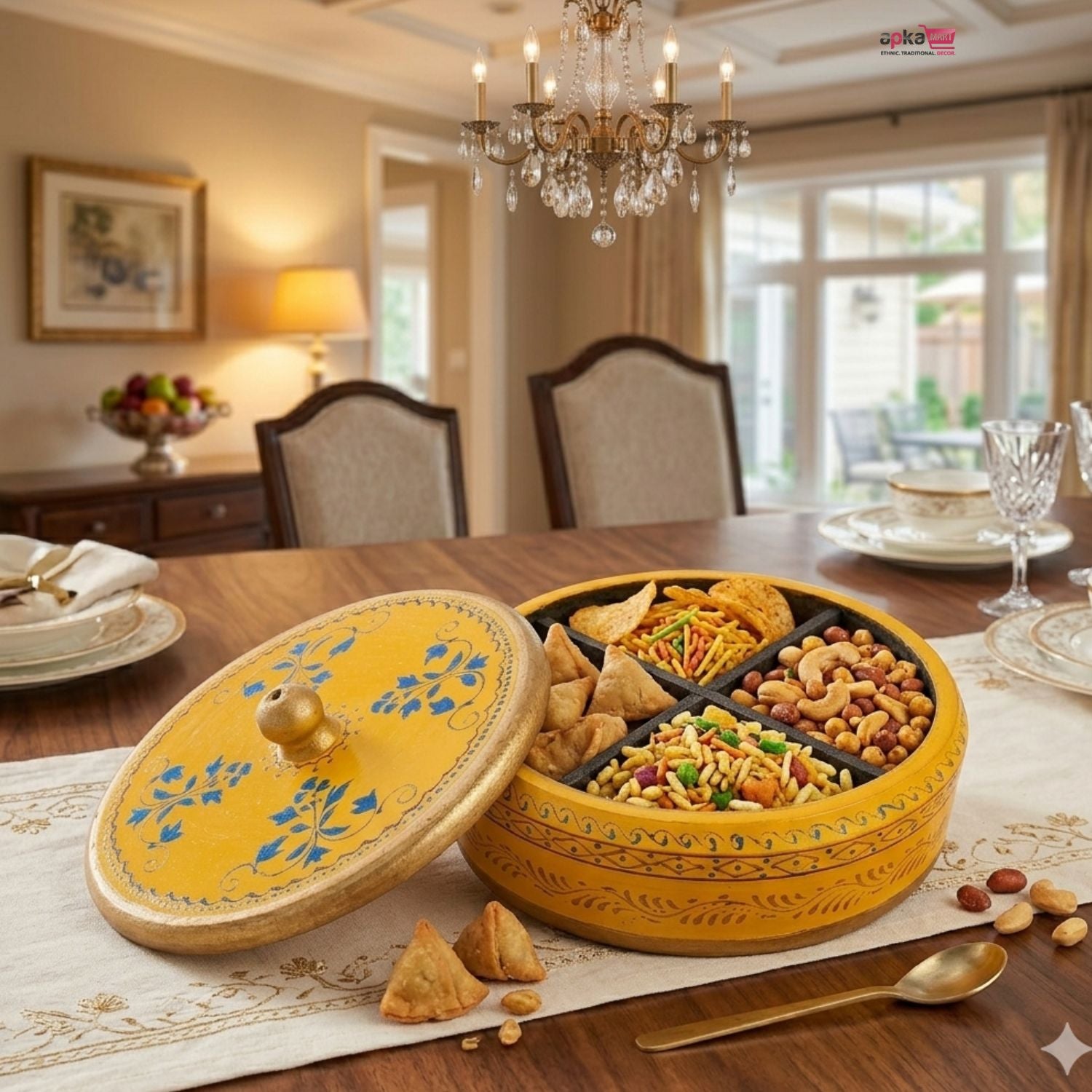 Wooden Mukhwas Box Four Sections For Dining - 7 Inch-apkamart