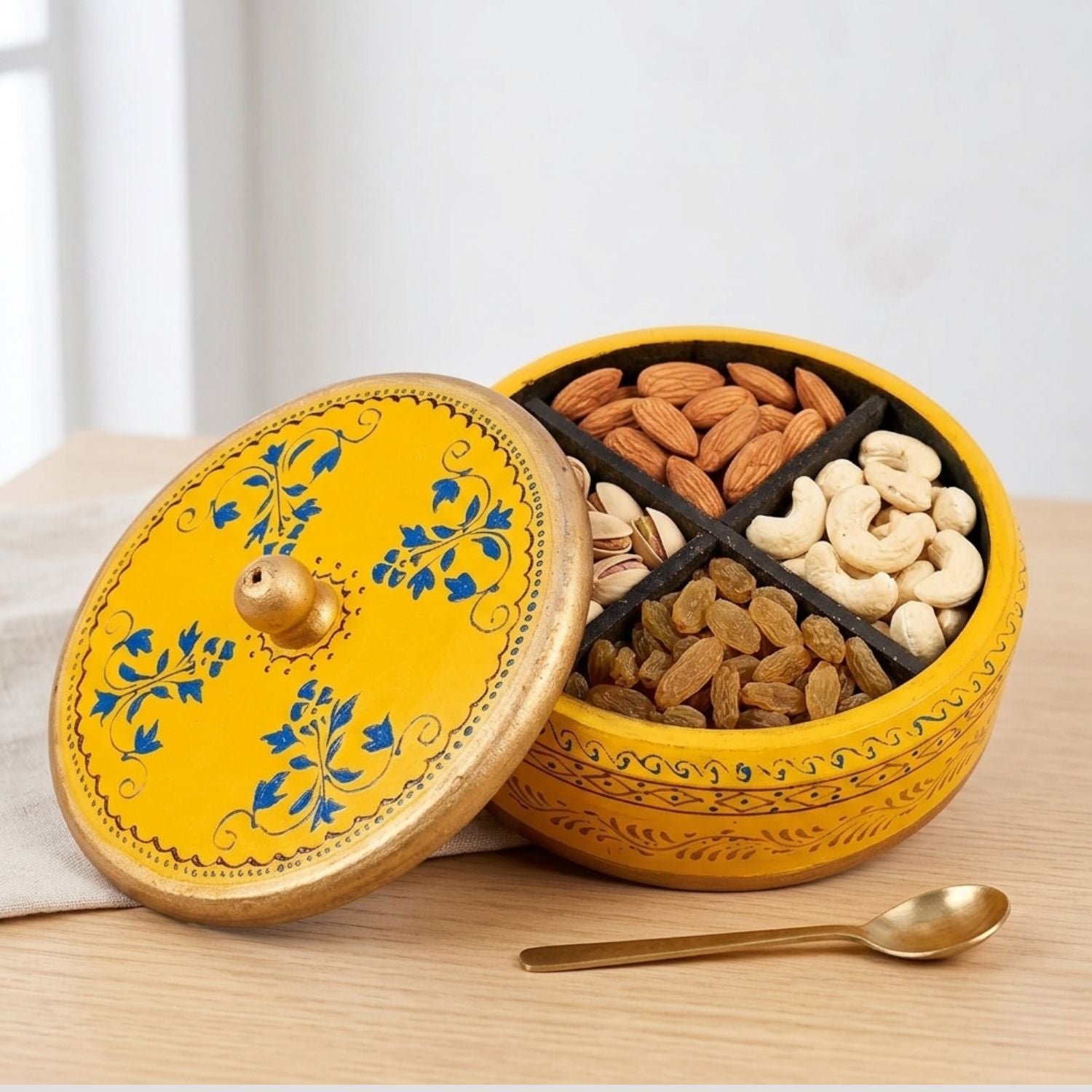Wooden Mukhwas Box Four Sections For Dining - 7 Inch-apkamart
