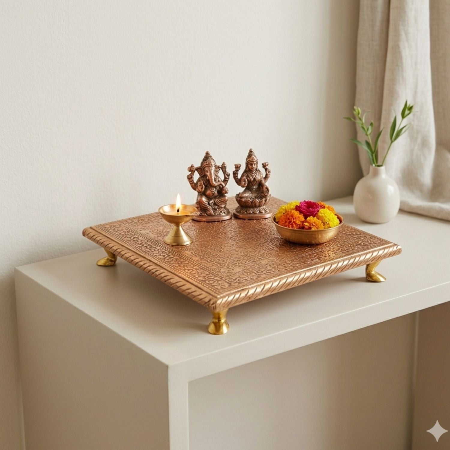 Wooden Puja Chowki Brass Bajot - 10 Inch-Apkamart
