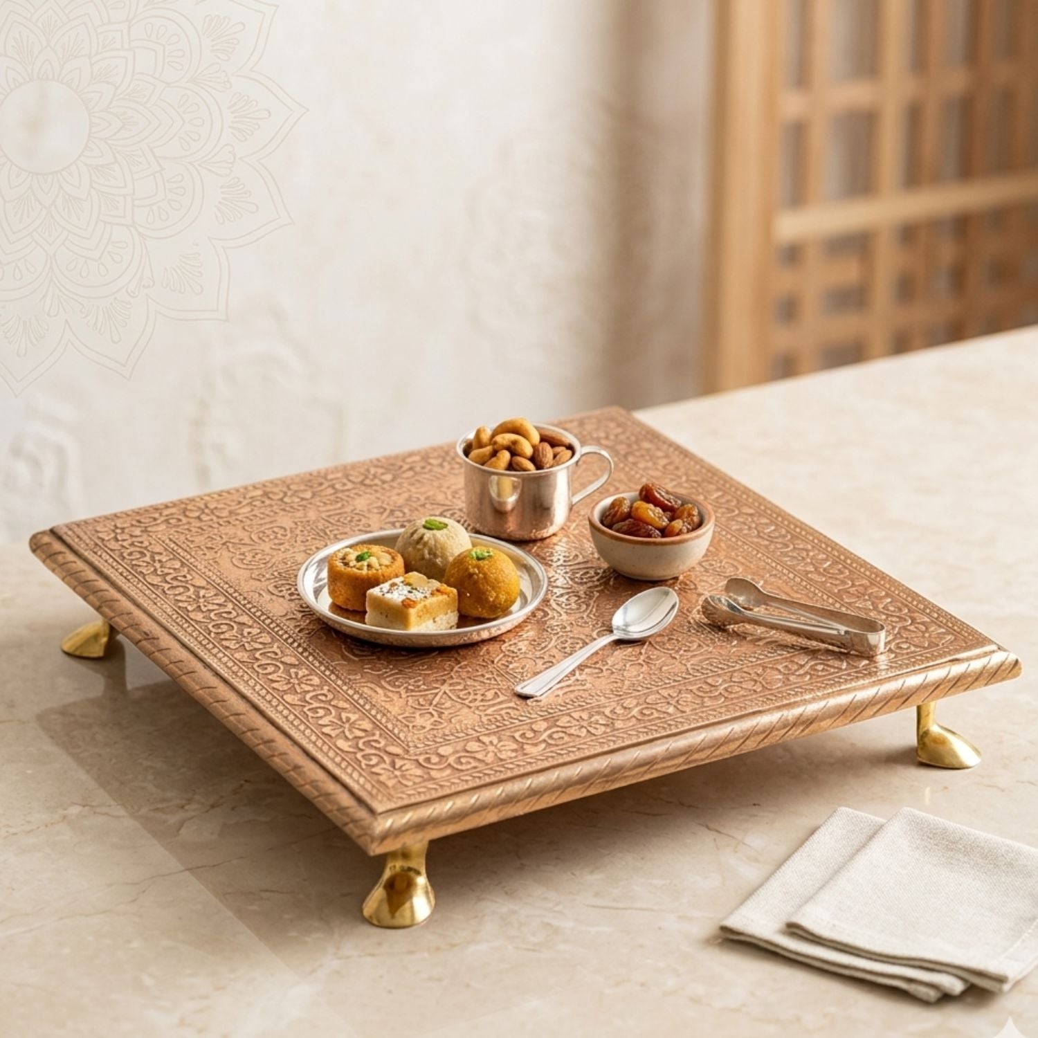Wooden Puja Chowki Brass Bajot - 10 Inch-Apkamart
