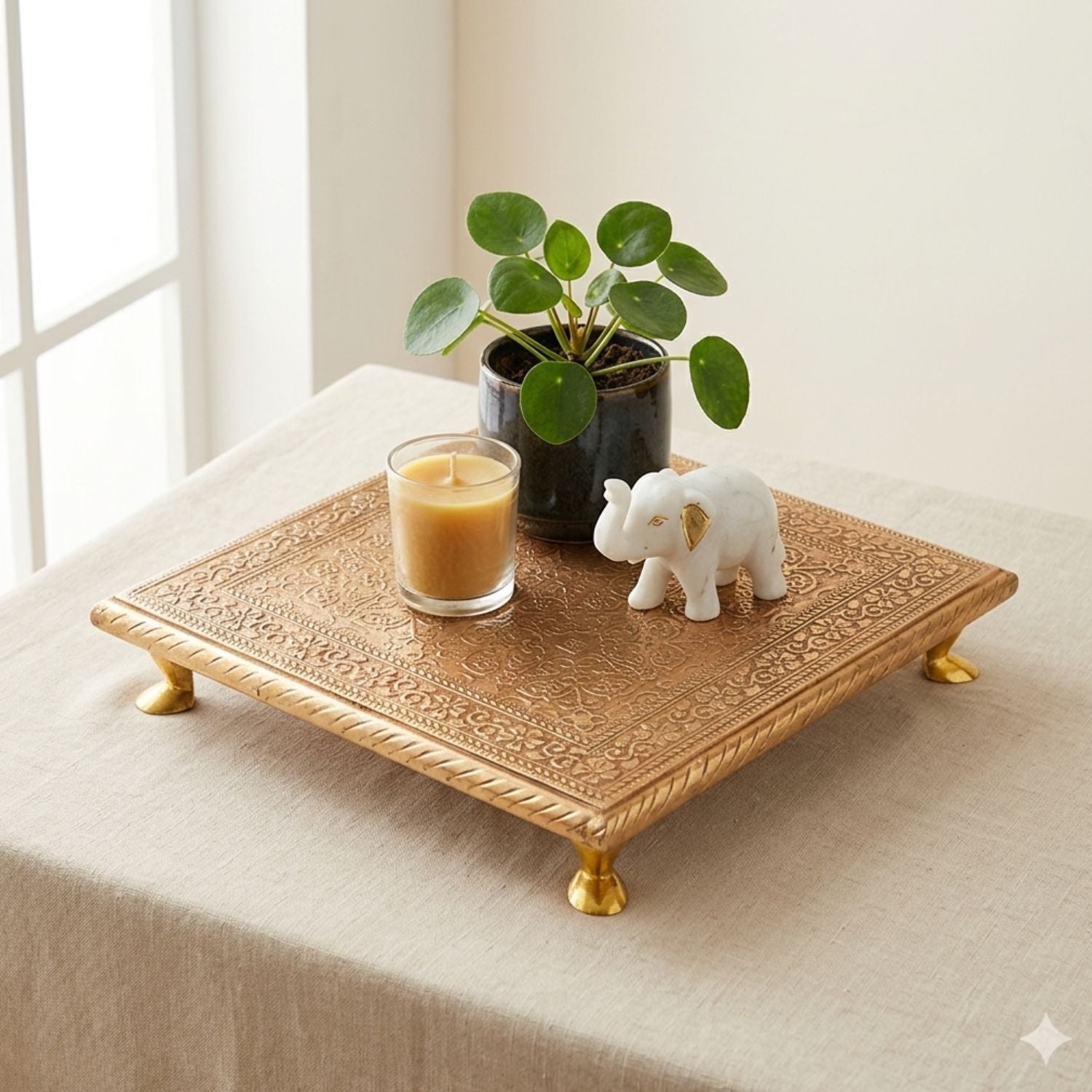 Wooden Puja Chowki Brass Bajot - 10 Inch-Apkamart