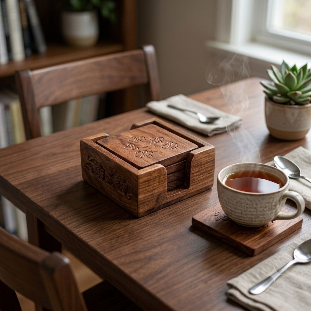 Wooden Coaster Set with Holder Box, Dining Table Decor- 4 Inch