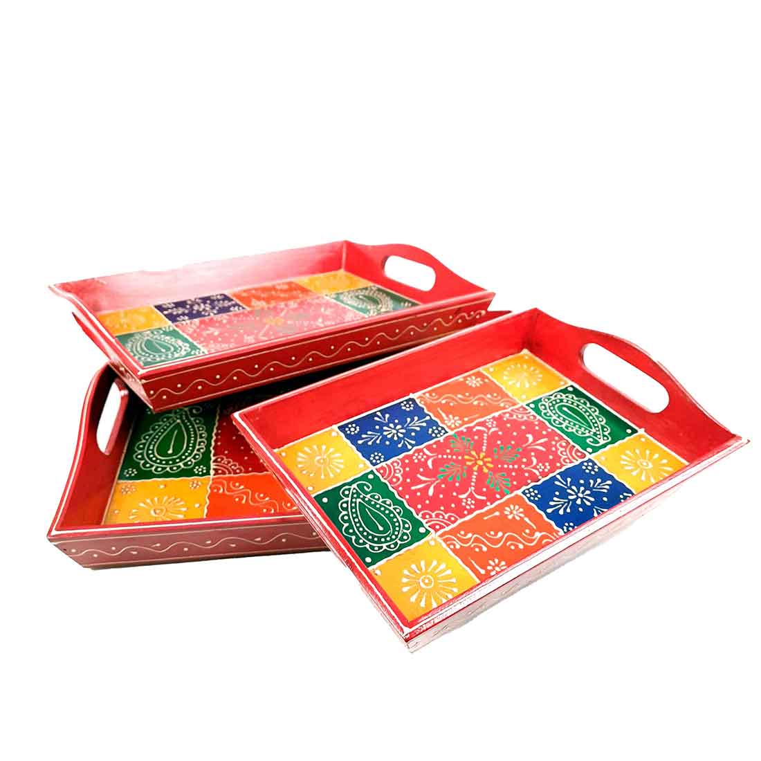 Serving Tray Set & Wooden Cookin Spoon Combo | Tea & Snacks Serving Trays & Wooden Spoons - For Non-stick Cookware, Kitchen Items, Gifts (Pack of 6) - Apkamart