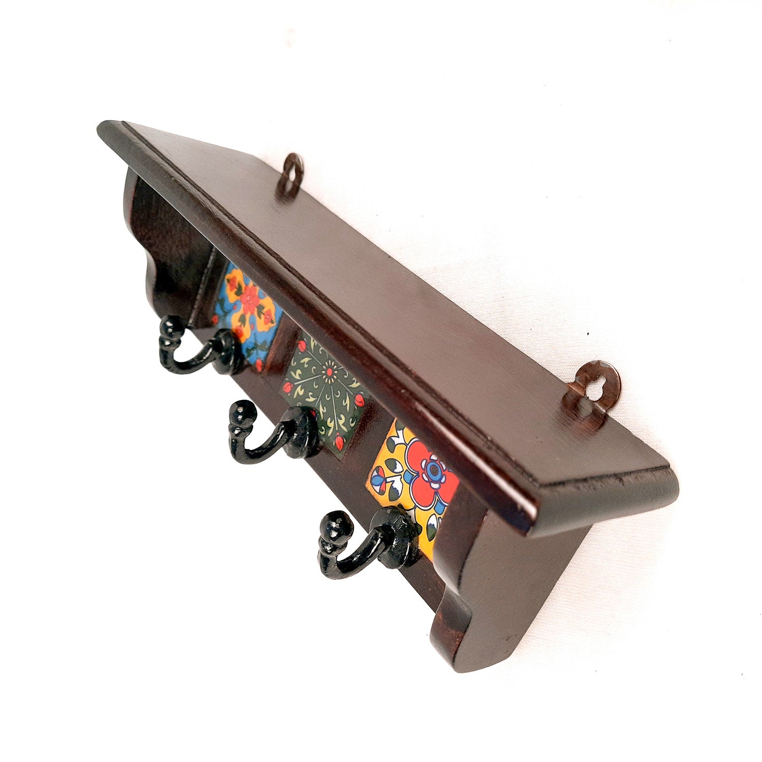 Key Hooks With Wall Shelf | Key Holder Stand With Ceramic Tile Design | Floating Shelves Cum Key Hanger Organiser - For Home, Entrance, Office Decor & Gifts - 10 Inch (3 Hooks) - Apkamart #color_dark brown