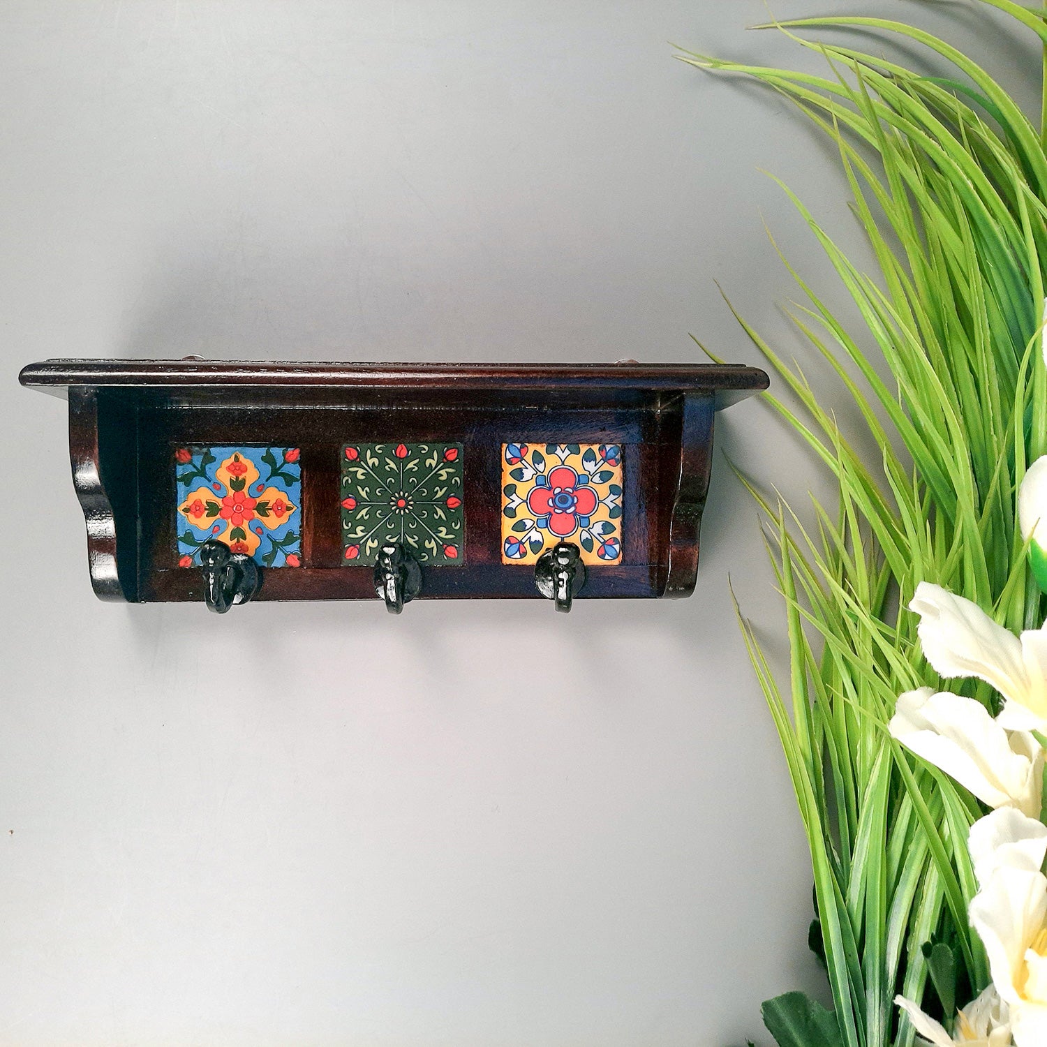 Wall Key Hooks With Wooden Shelf - Wall Mount | Floating Shelves For Decorating Showpieces, Vases, Candle Holders & Books | Key Holder Organiser - Home, Entrance, Office Decor & Gifts - Set of 2 - Apkamart #color_dark brown