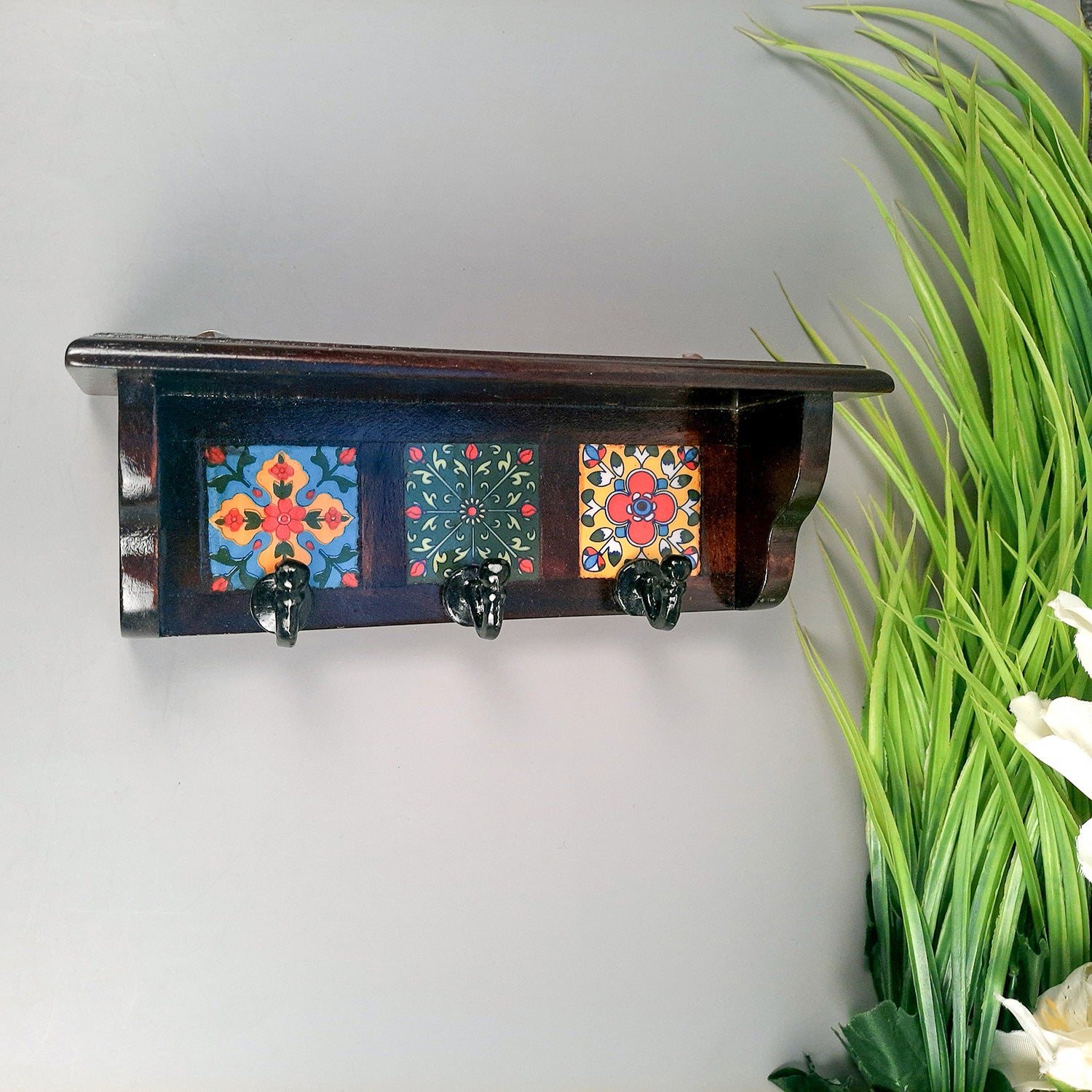 Key Hooks With Wall Shelf | Key Holder Stand With Ceramic Tile Design | Floating Shelves Cum Key Hanger Organiser - For Home, Entrance, Office Decor & Gifts - 10 Inch (3 Hooks) - Apkamart #color_dark brown