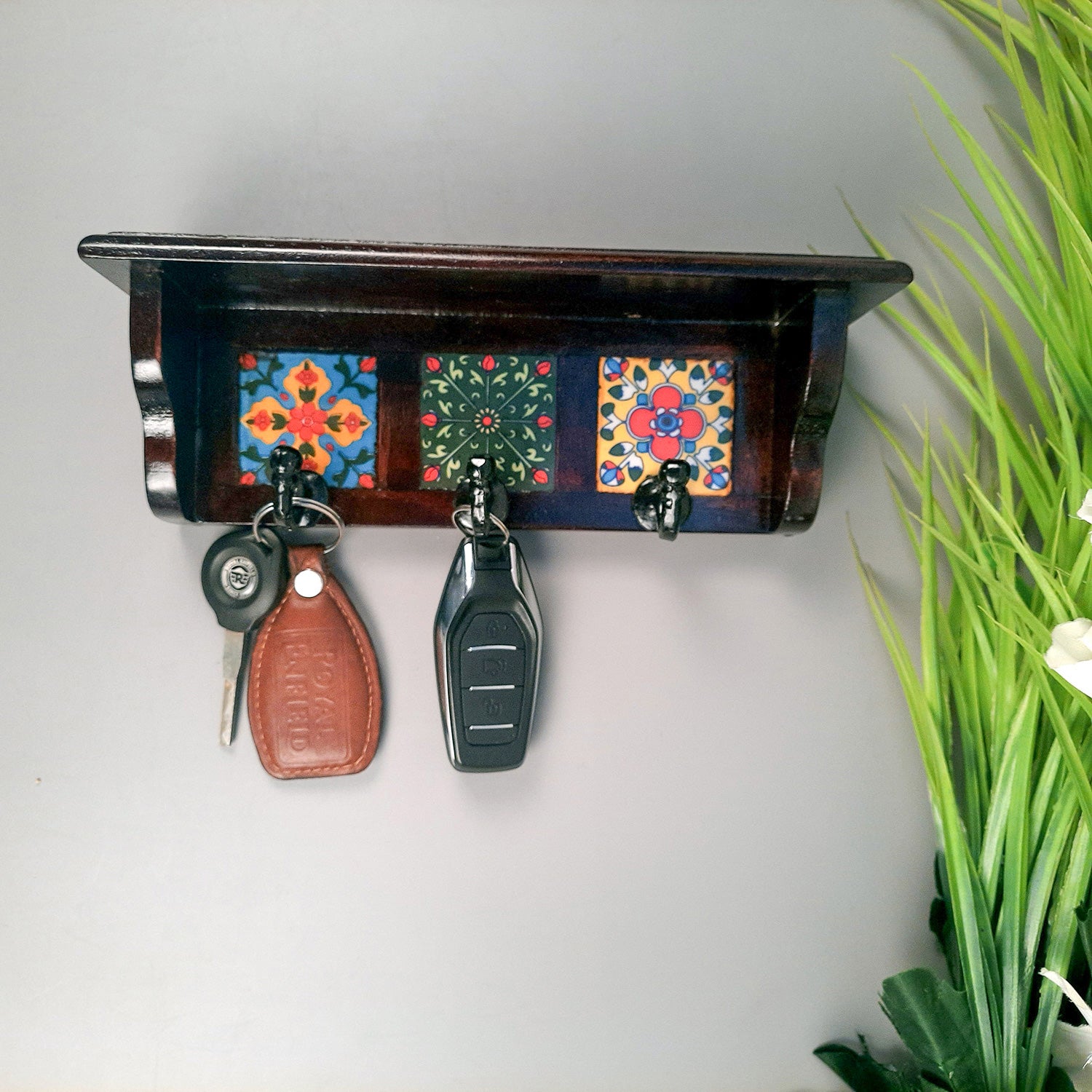 Key Hooks With Wall Shelf | Key Holder Stand With Ceramic Tile Design | Floating Shelves Cum Key Hanger Organiser - For Home, Entrance, Office Decor & Gifts - 10 Inch (3 Hooks) - Apkamart #color_dark brown