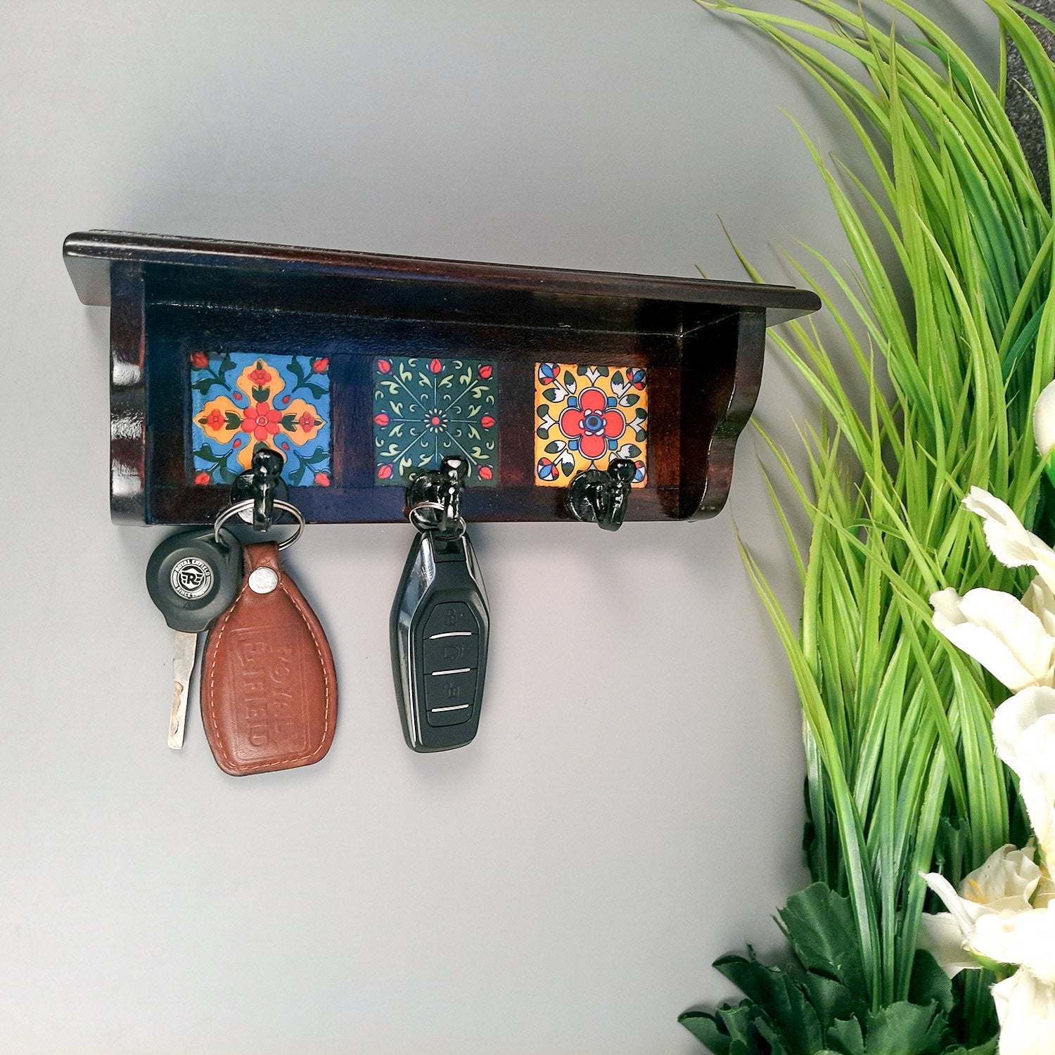 Key Hooks With Wall Shelf | Key Holder Stand With Ceramic Tile Design | Floating Shelves Cum Key Hanger Organiser - For Home, Entrance, Office Decor & Gifts - 10 Inch (3 Hooks) - Apkamart #color_dark brown