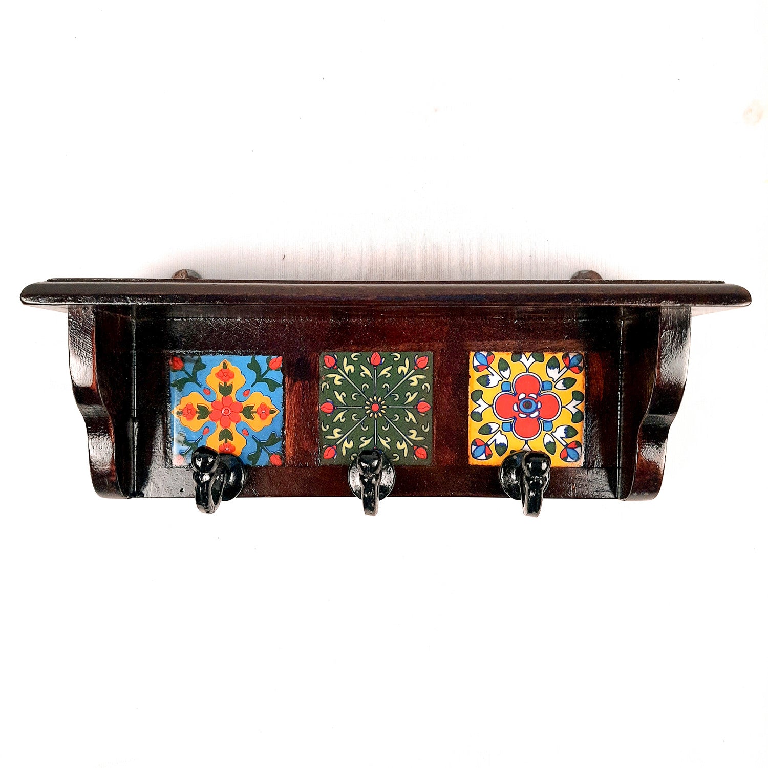 Wall Key Hooks With Wooden Shelf - Wall Mount | Floating Shelves For Decorating Showpieces, Vases, Candle Holders & Books | Key Holder Organiser - Home, Entrance, Office Decor & Gifts - Set of 2 - Apkamart #color_dark brown