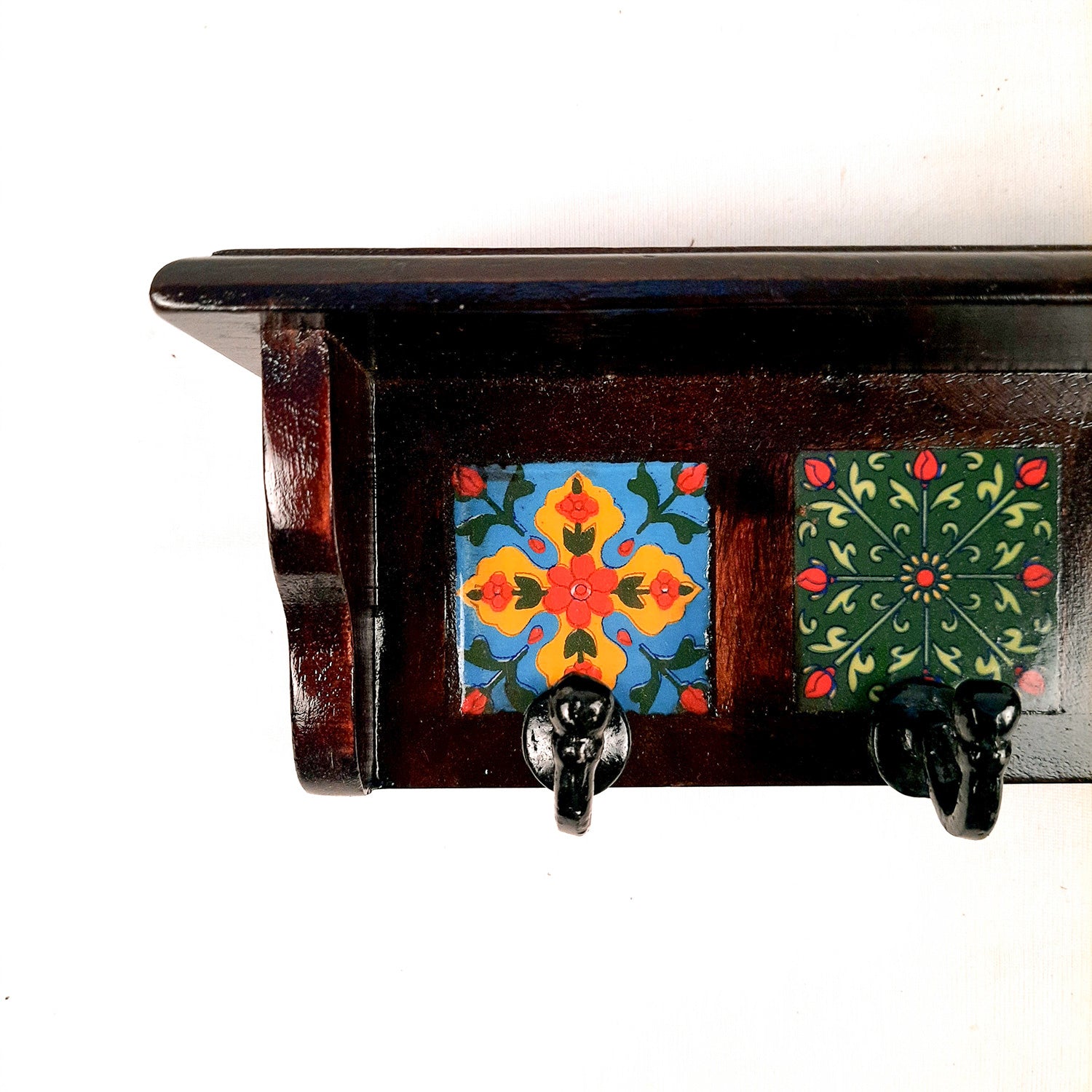 Key Hooks With Wall Shelf | Key Holder Stand With Ceramic Tile Design | Floating Shelves Cum Key Hanger Organiser - For Home, Entrance, Office Decor & Gifts - 10 Inch (3 Hooks) - Apkamart #color_dark brown