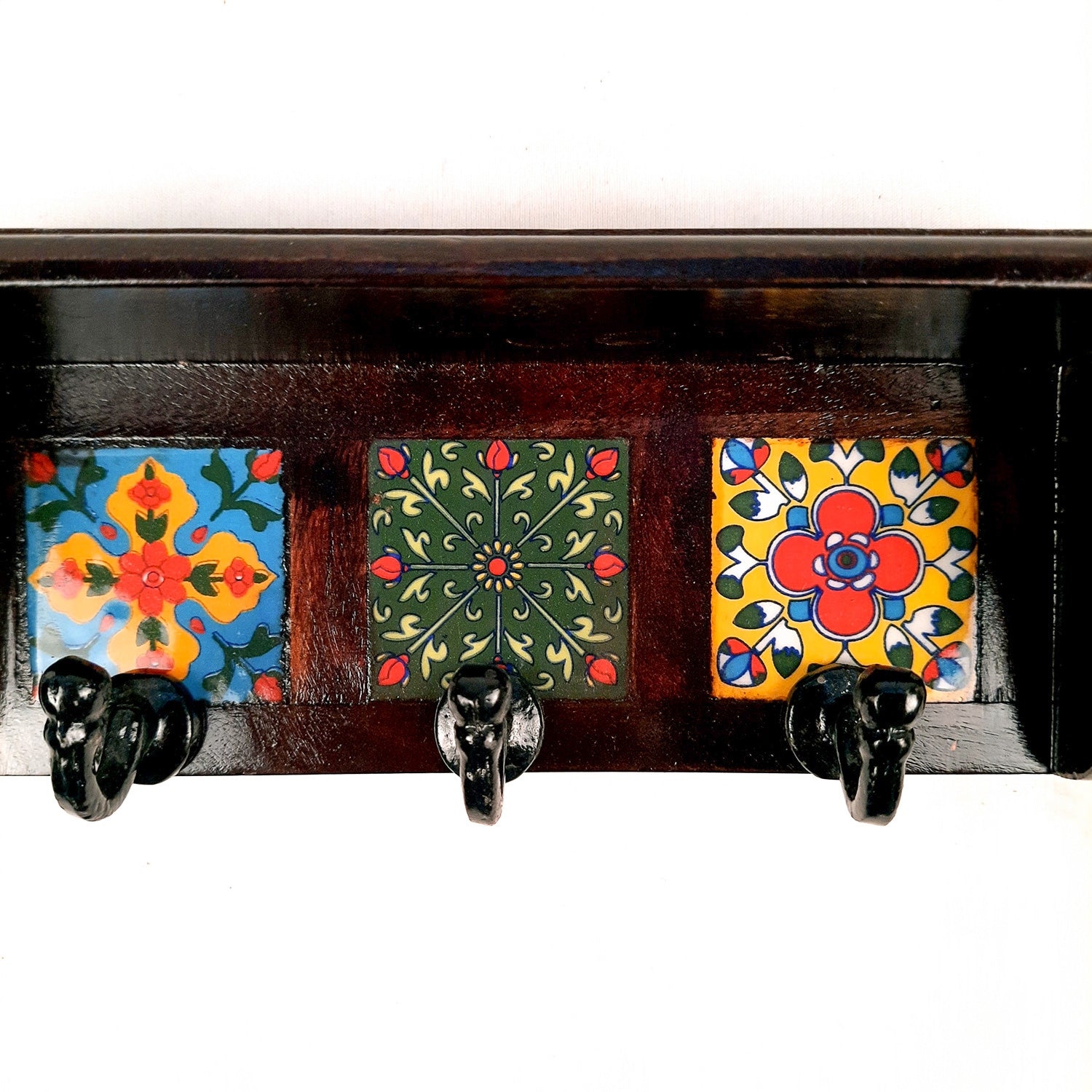 Key Hooks With Wall Shelf | Key Holder Stand With Ceramic Tile Design | Floating Shelves Cum Key Hanger Organiser - For Home, Entrance, Office Decor & Gifts - 10 Inch (3 Hooks) - Apkamart #color_dark brown