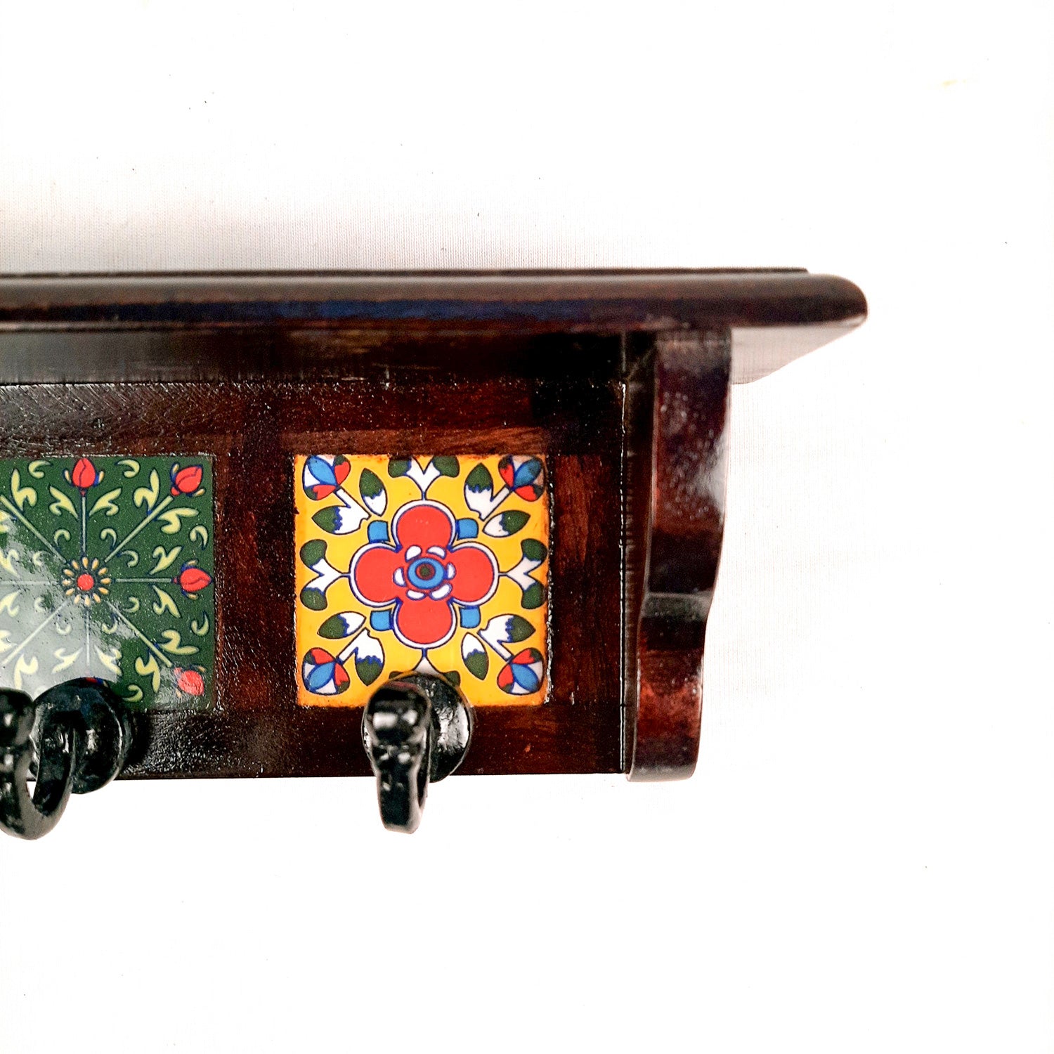 Key Hooks With Wall Shelf | Key Holder Stand With Ceramic Tile Design | Floating Shelves Cum Key Hanger Organiser - For Home, Entrance, Office Decor & Gifts - 10 Inch (3 Hooks) - Apkamart #color_dark brown