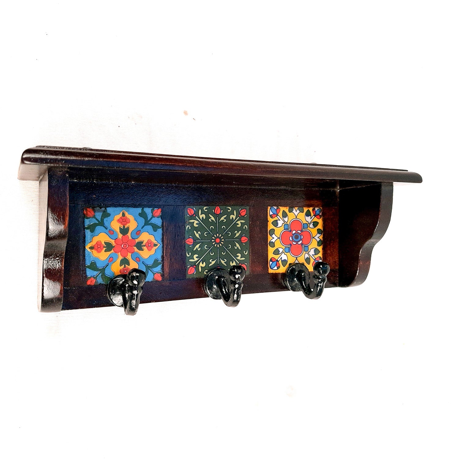 Key Hooks With Wall Shelf | Key Holder Stand With Ceramic Tile Design | Floating Shelves Cum Key Hanger Organiser - For Home, Entrance, Office Decor & Gifts - 10 Inch (3 Hooks) - Apkamart #color_dark brown